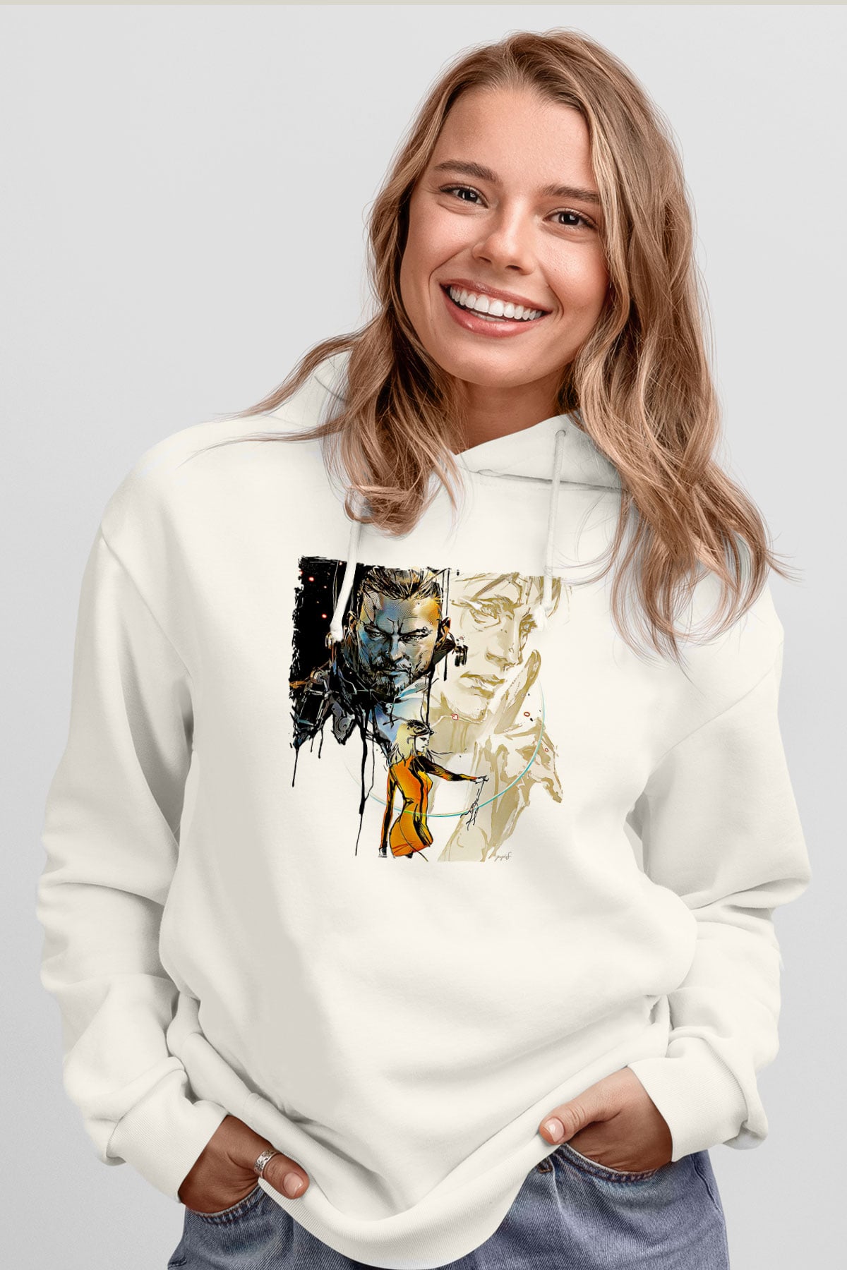 Death Stranding Baskılı Beyaz Unisex Kapüşonlu Sweatshirt