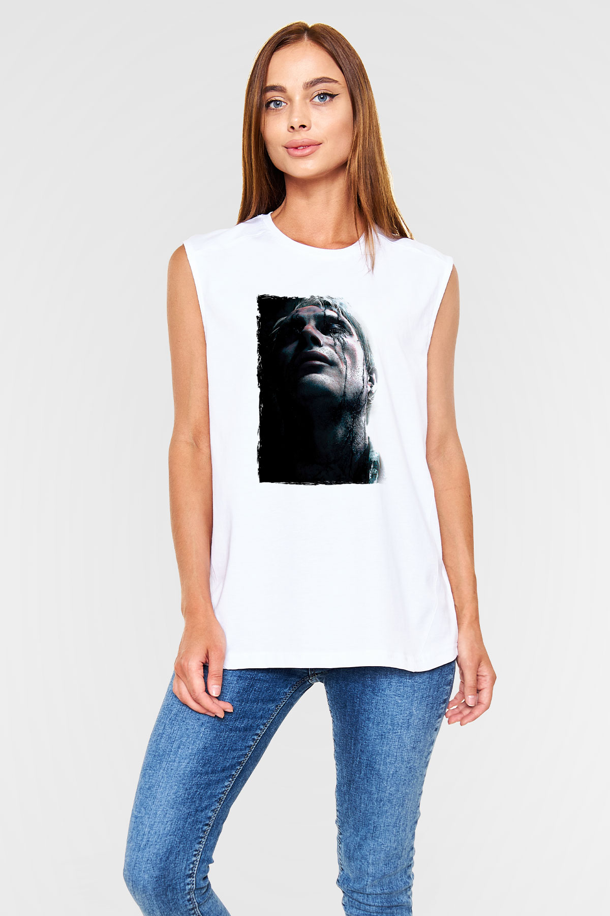Death Stranding Baskılı Beyaz Unisex Kolsuz Tişört - Tshirt
