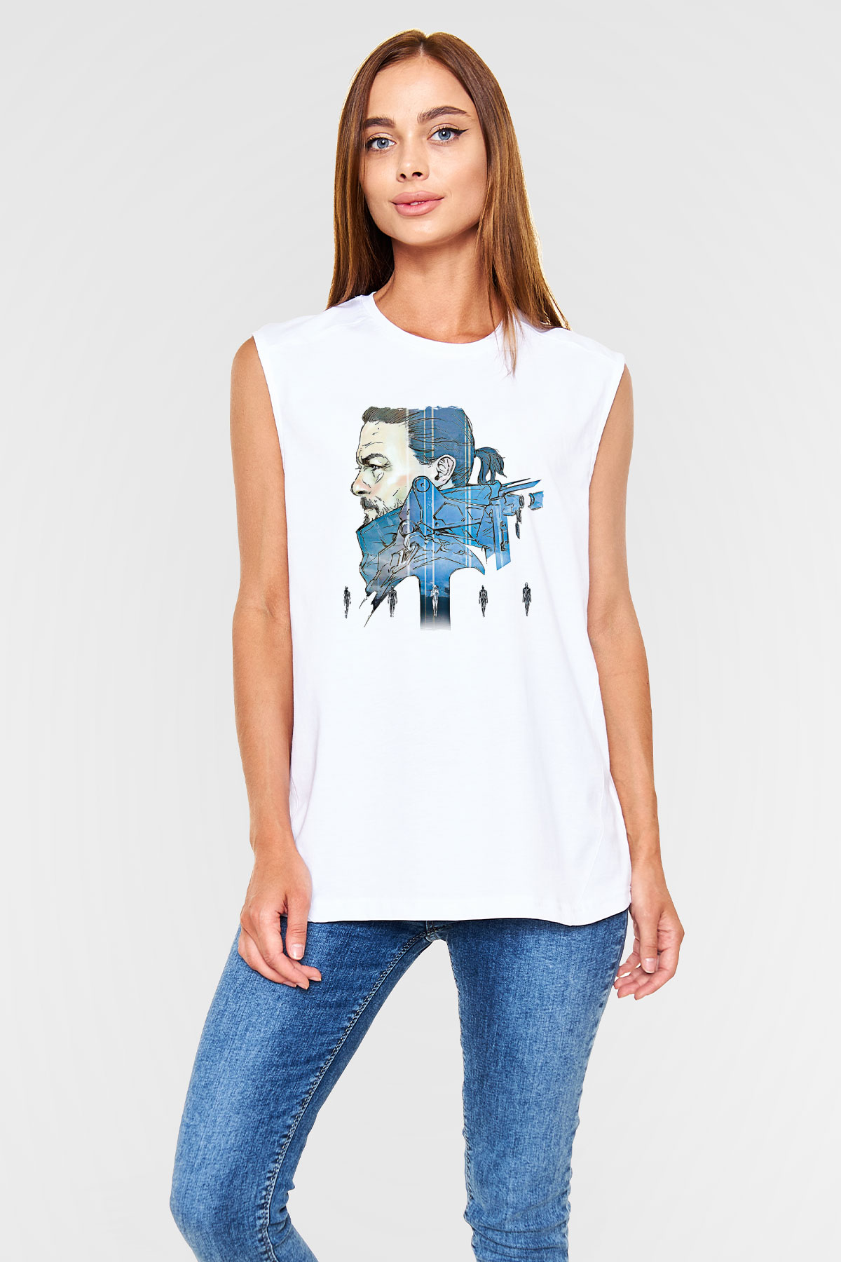 Death Stranding Baskılı Beyaz Unisex Kolsuz Tişört - Tshirt