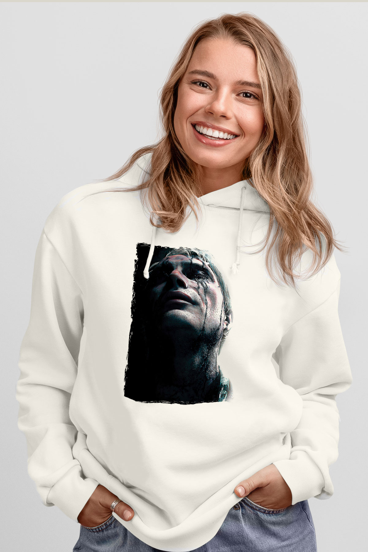 Death Stranding Baskılı Beyaz Unisex Kapüşonlu Sweatshirt