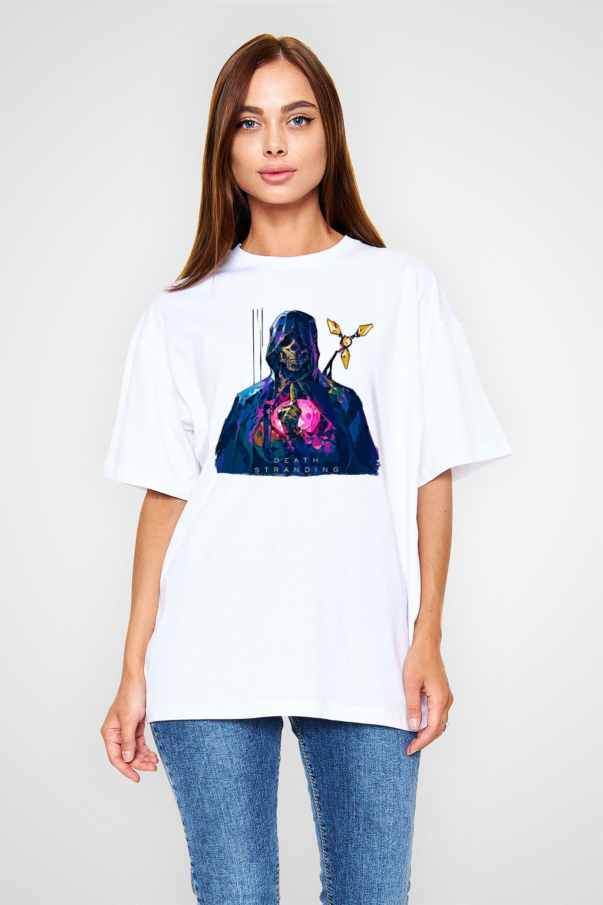 Death Stranding Baskılı Beyaz Unisex Oversize Tişört - Tshirt