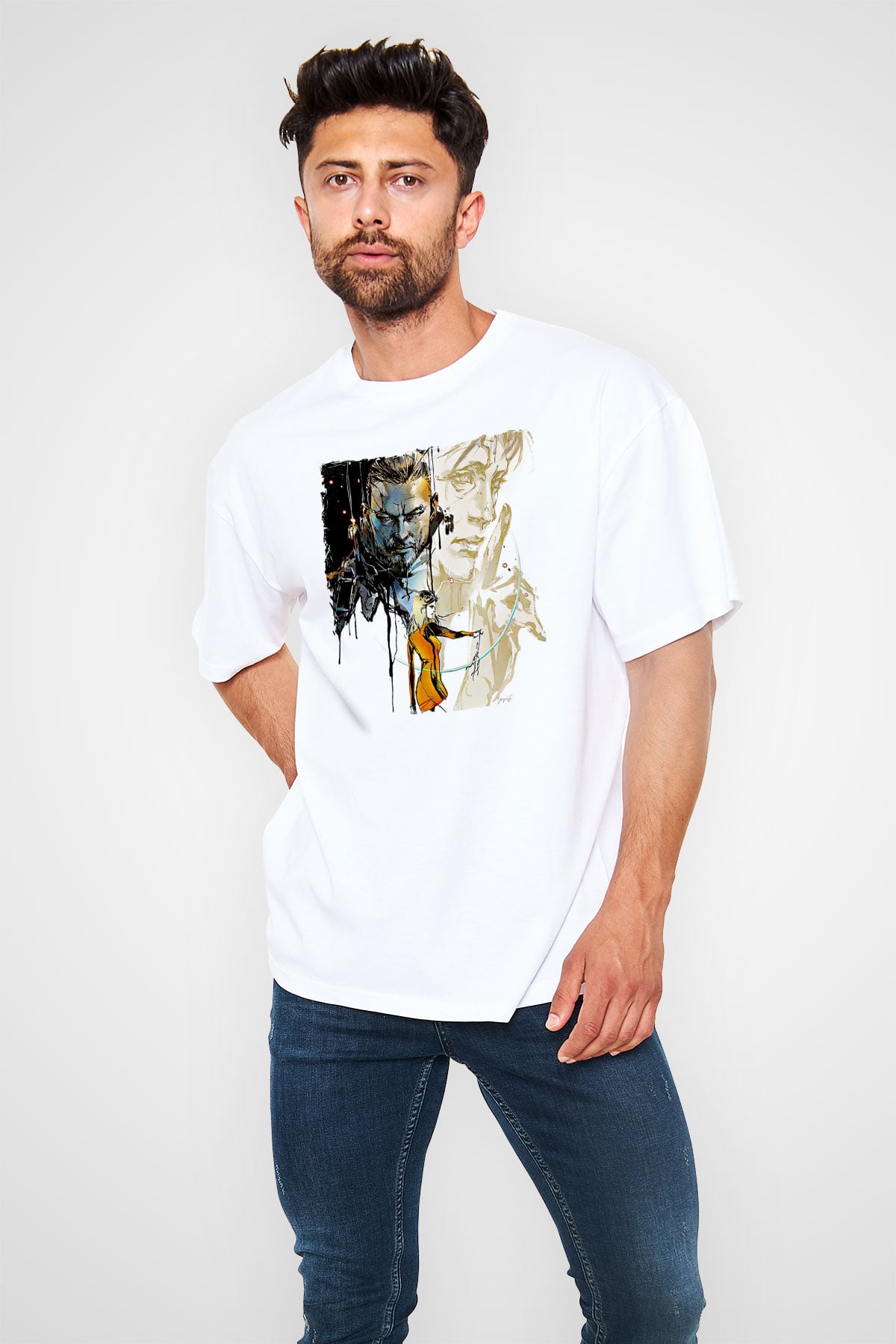 Death Stranding Baskılı Beyaz Unisex Oversize Tişört - Tshirt
