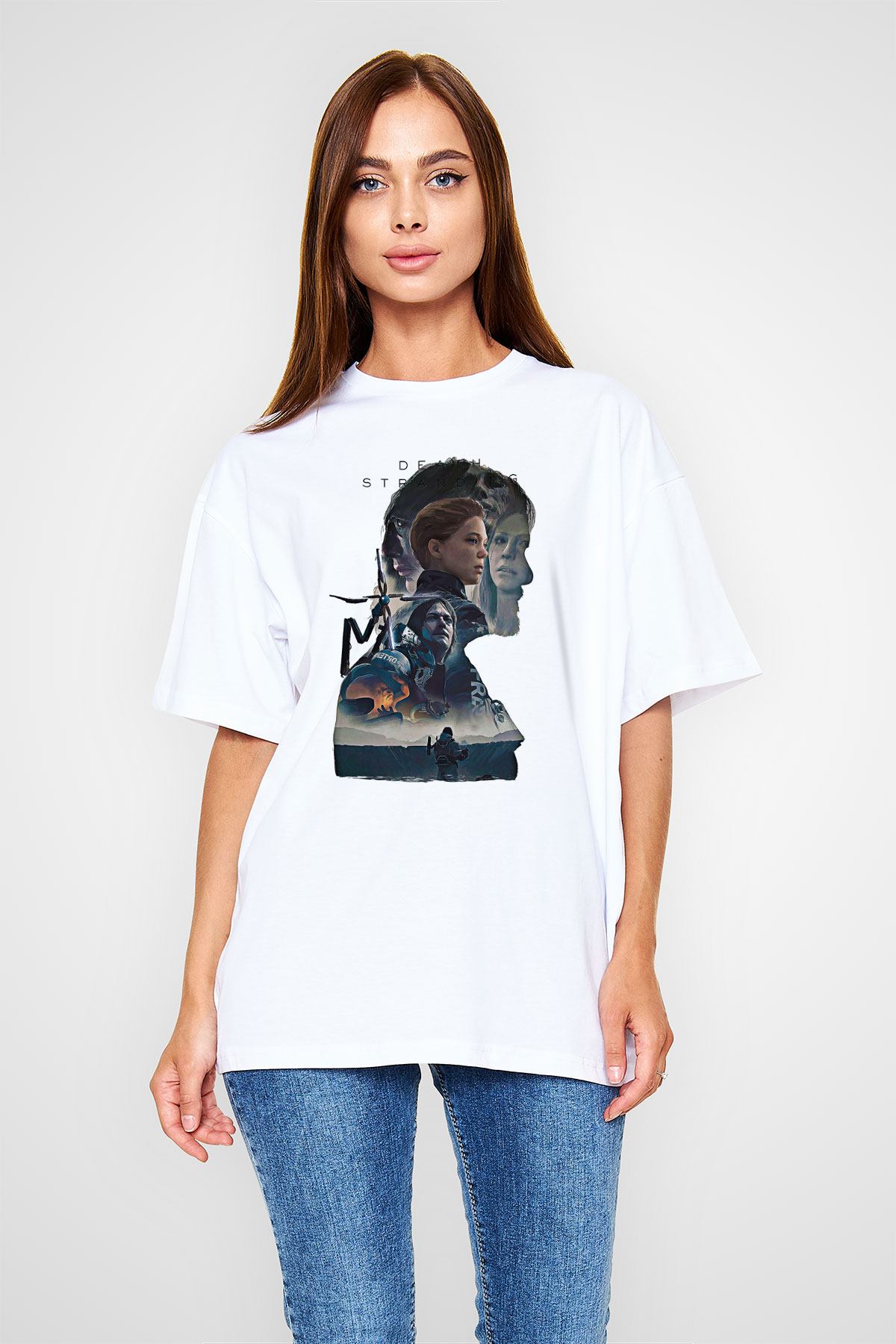 Death Stranding Baskılı Beyaz Unisex Oversize Tişört - Tshirt
