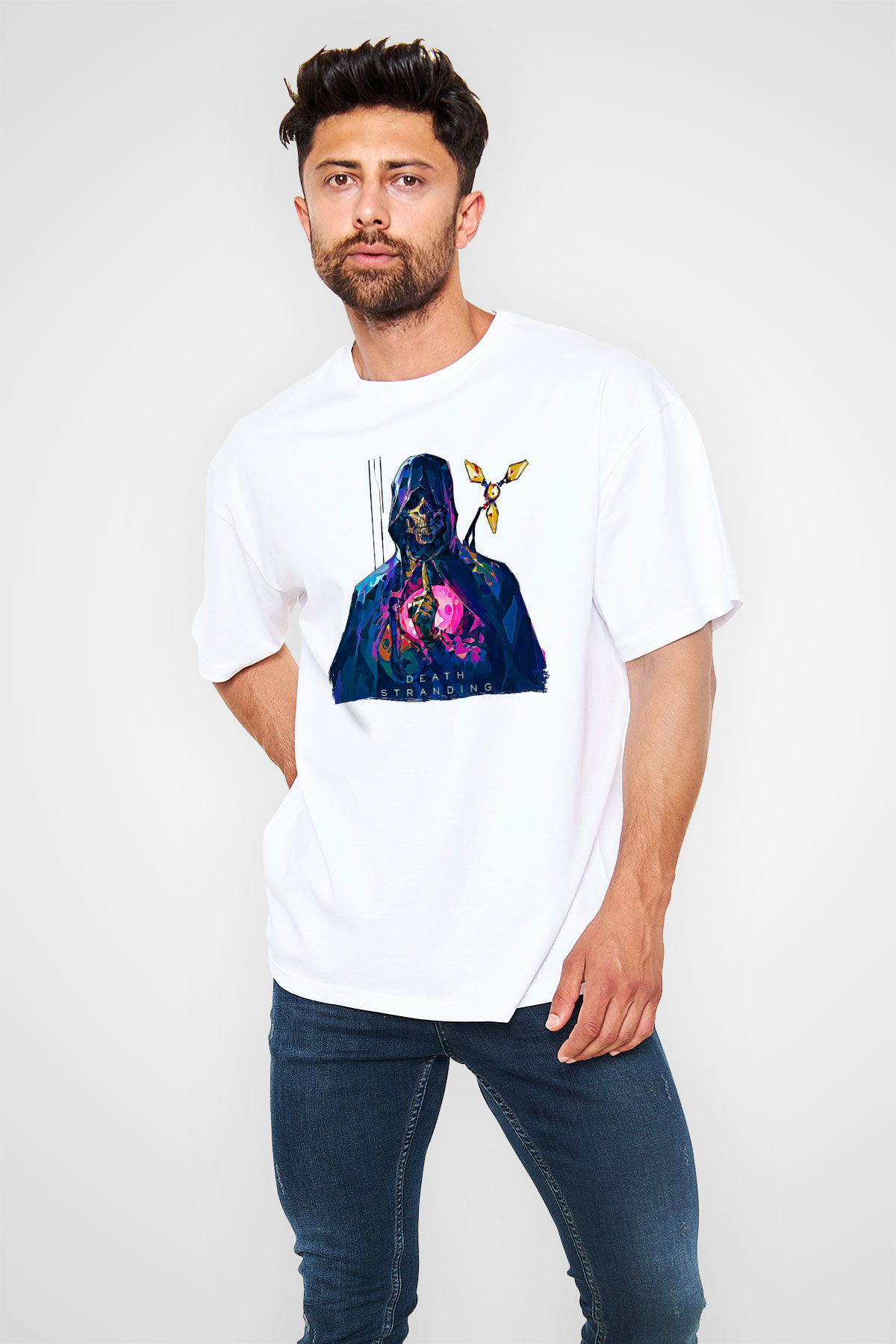Death Stranding Baskılı Beyaz Unisex Oversize Tişört - Tshirt