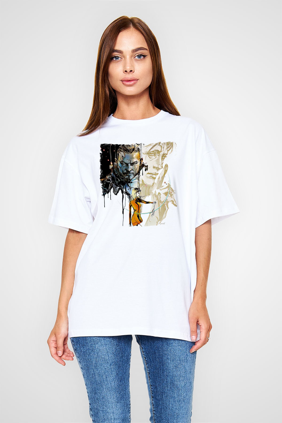 Death Stranding Baskılı Beyaz Unisex Oversize Tişört - Tshirt