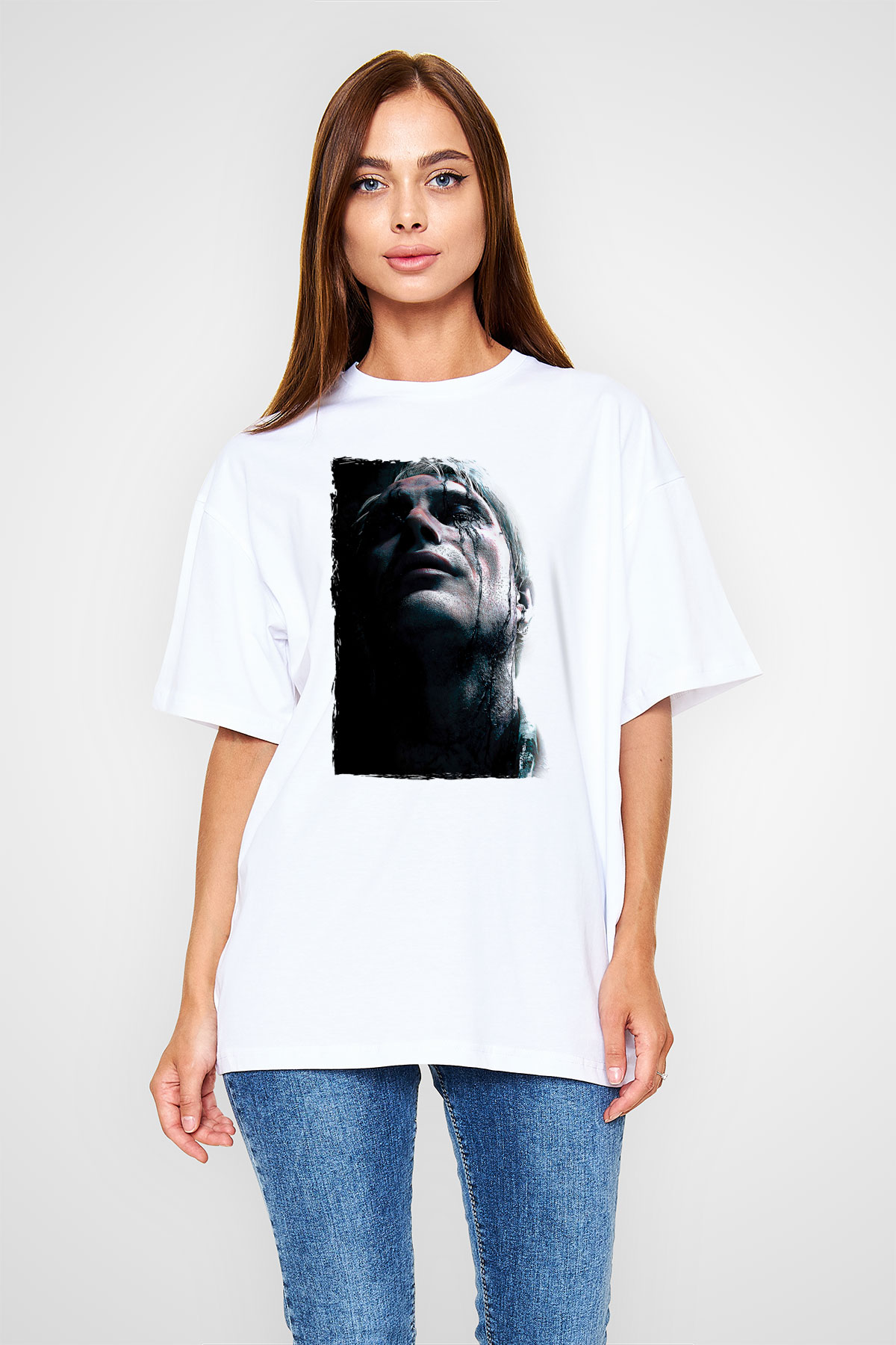 Death Stranding Baskılı Beyaz Unisex Oversize Tişört - Tshirt