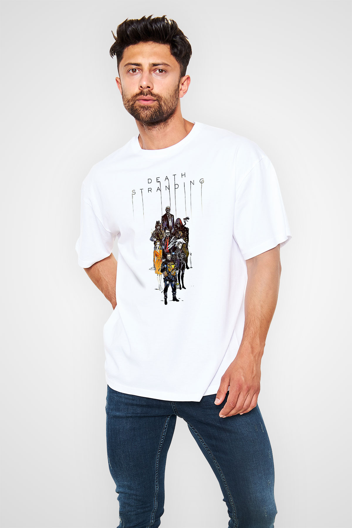 Death Stranding Baskılı Beyaz Unisex Oversize Tişört - Tshirt