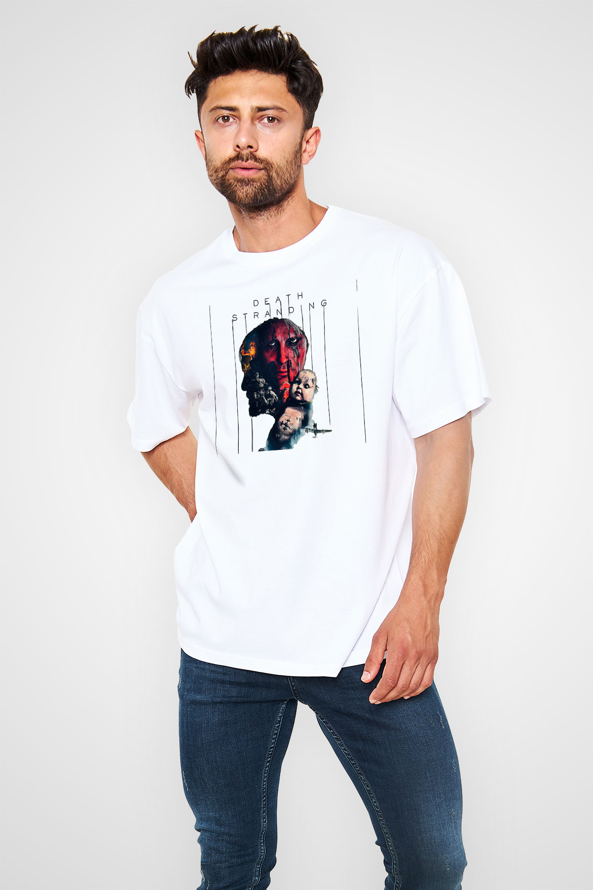 Death Stranding Baskılı Beyaz Unisex Oversize Tişört - Tshirt