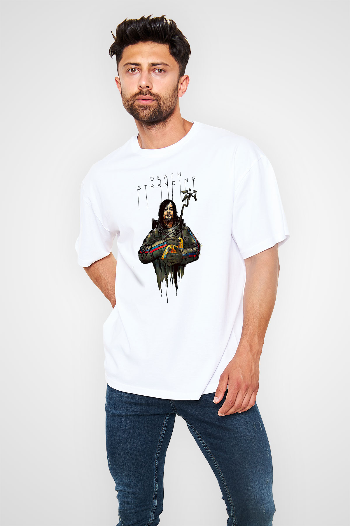 Death Stranding Baskılı Beyaz Unisex Oversize Tişört - Tshirt
