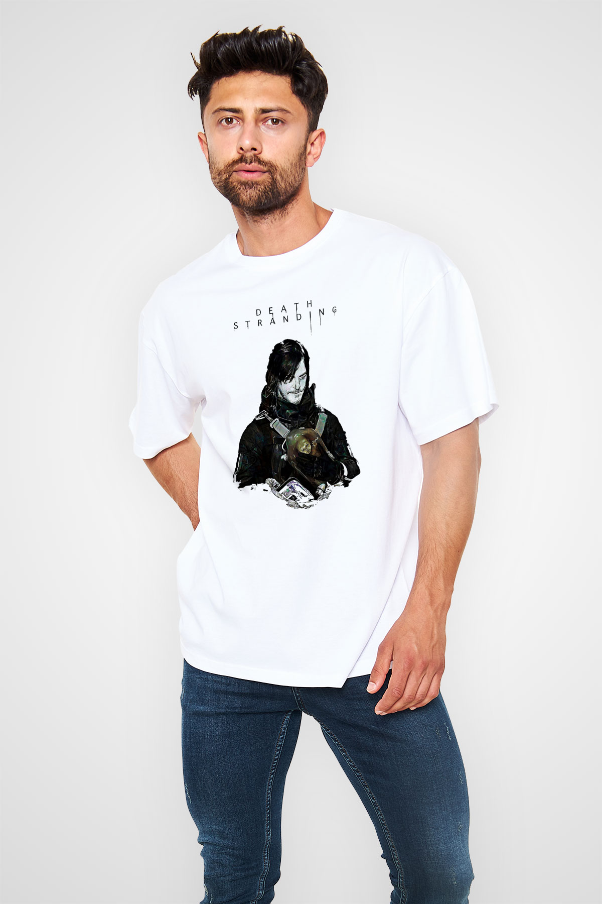 Death Stranding Baskılı Beyaz Unisex Oversize Tişört - Tshirt