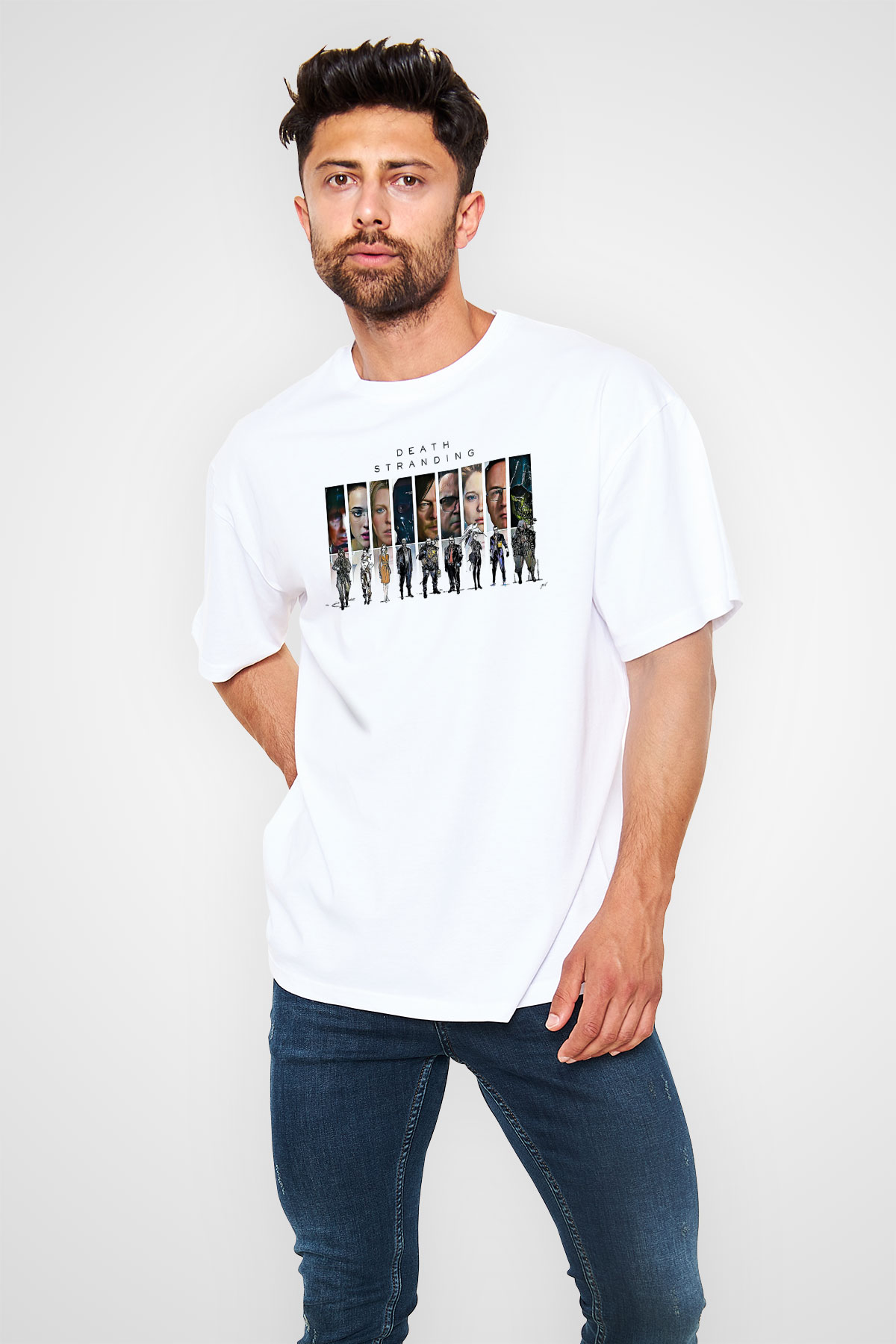 Death Stranding Baskılı Beyaz Unisex Oversize Tişört - Tshirt