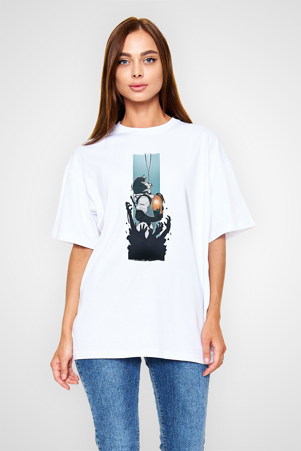 Death Stranding Baskılı Beyaz Unisex Oversize Tişört - Tshirt