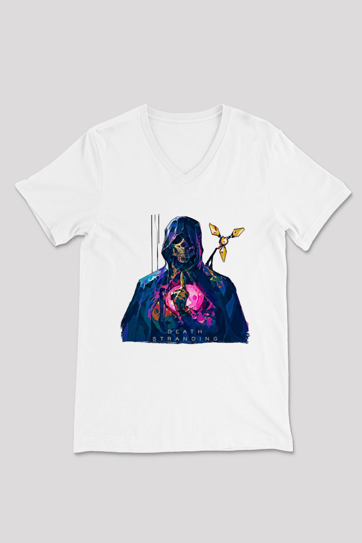 Death Stranding Baskılı Beyaz Unisex V Yaka Tişört - Tshirt