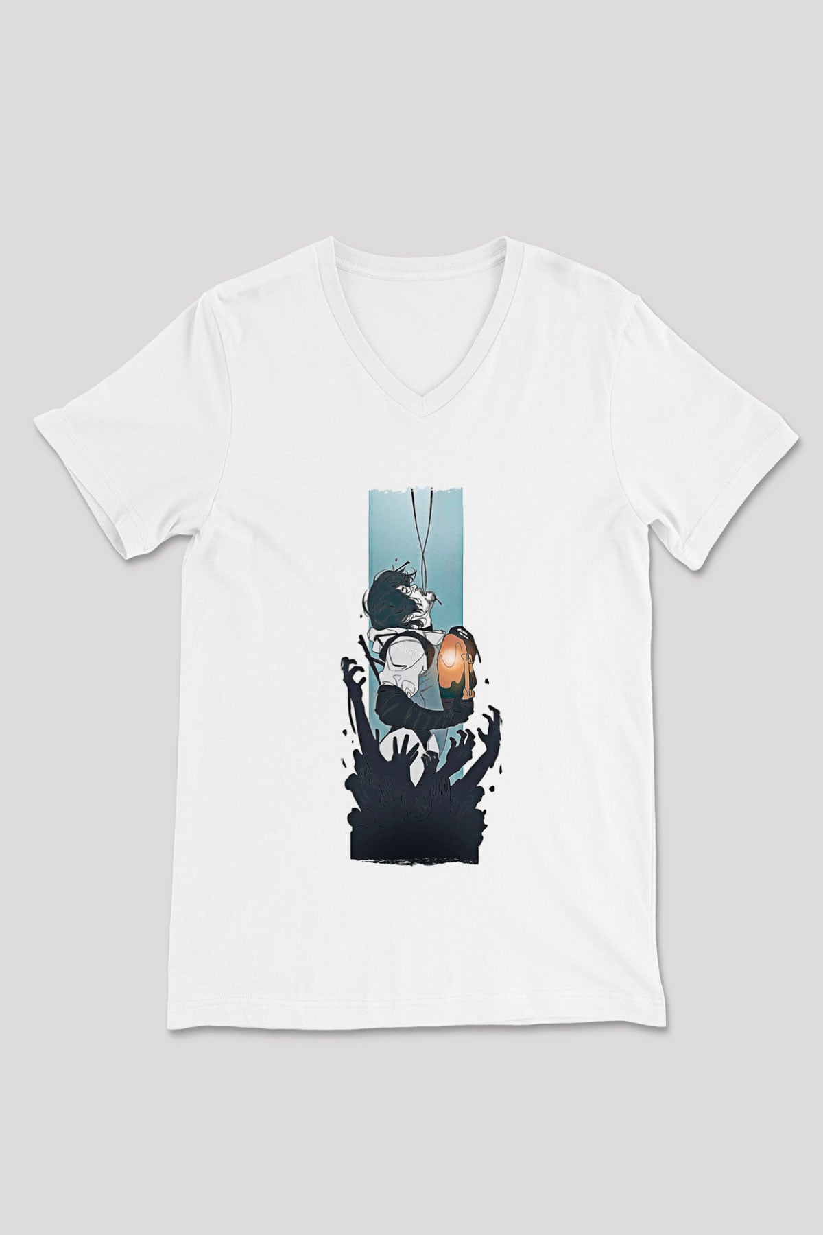 Death Stranding Baskılı Beyaz Unisex V Yaka Tişört - Tshirt