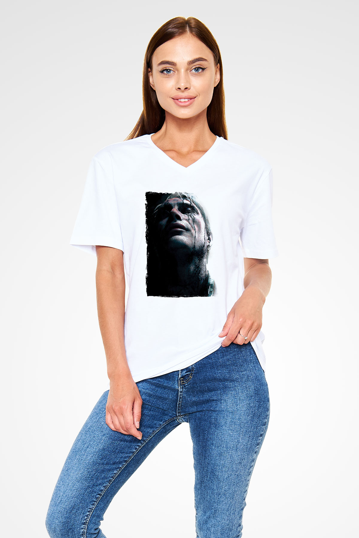 Death Stranding Baskılı Beyaz Unisex V Yaka Tişört - Tshirt
