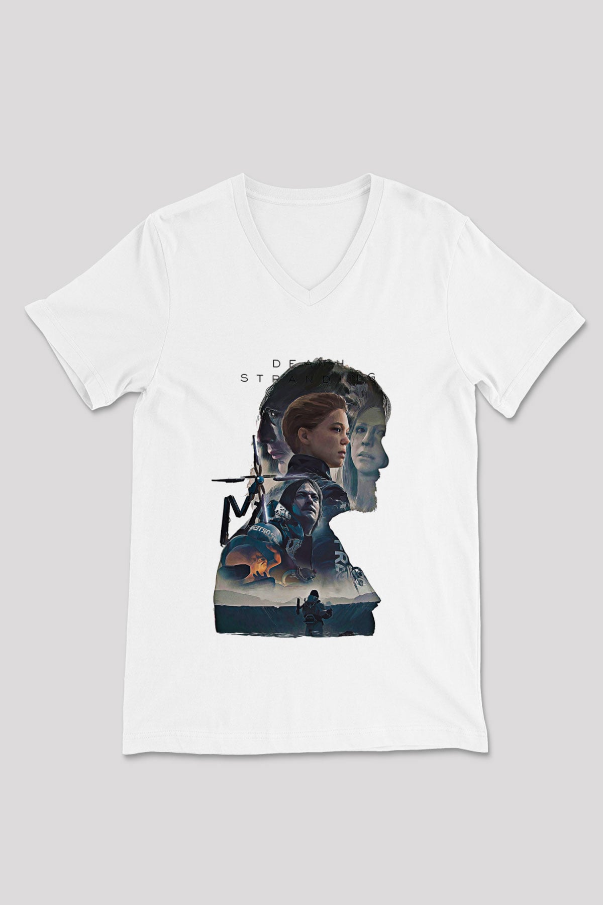 Death Stranding Baskılı Beyaz Unisex V Yaka Tişört - Tshirt