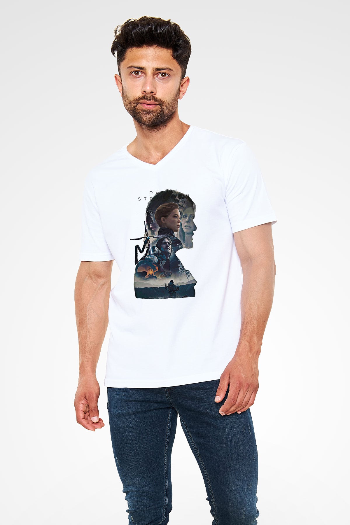 Death Stranding Baskılı Beyaz Unisex V Yaka Tişört - Tshirt