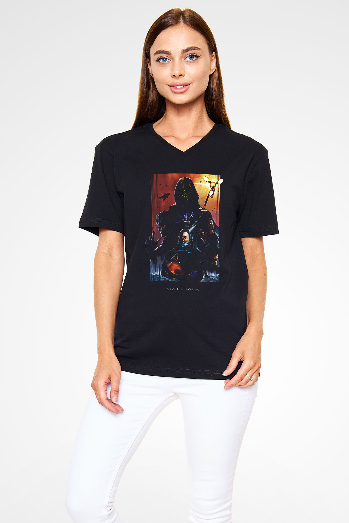 Death Stranding Baskılı Unisex Siyah V Yaka Tişört - Tshirt