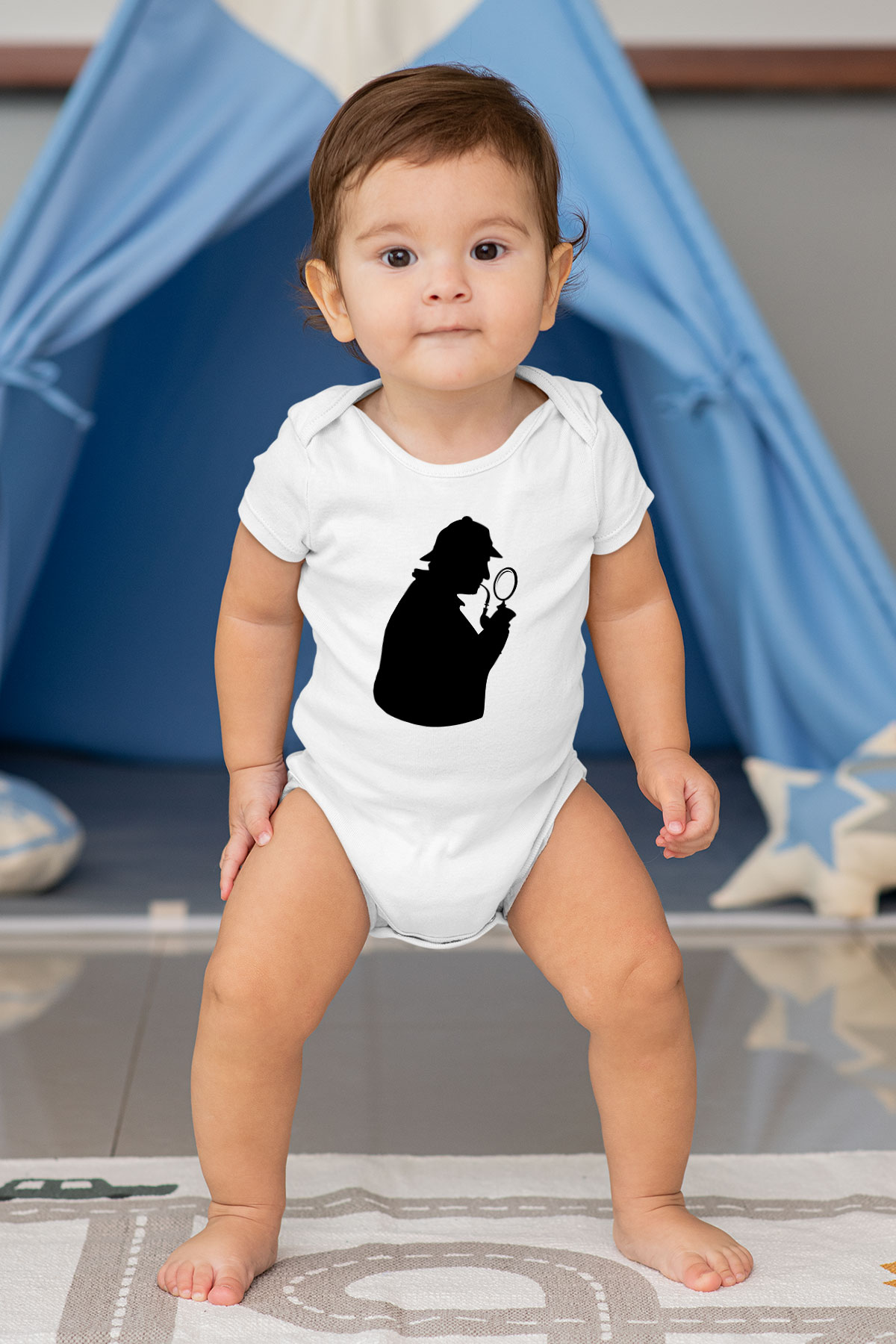 Dedektif Baskılı Beyaz Unisex Bebek Body - Zıbın