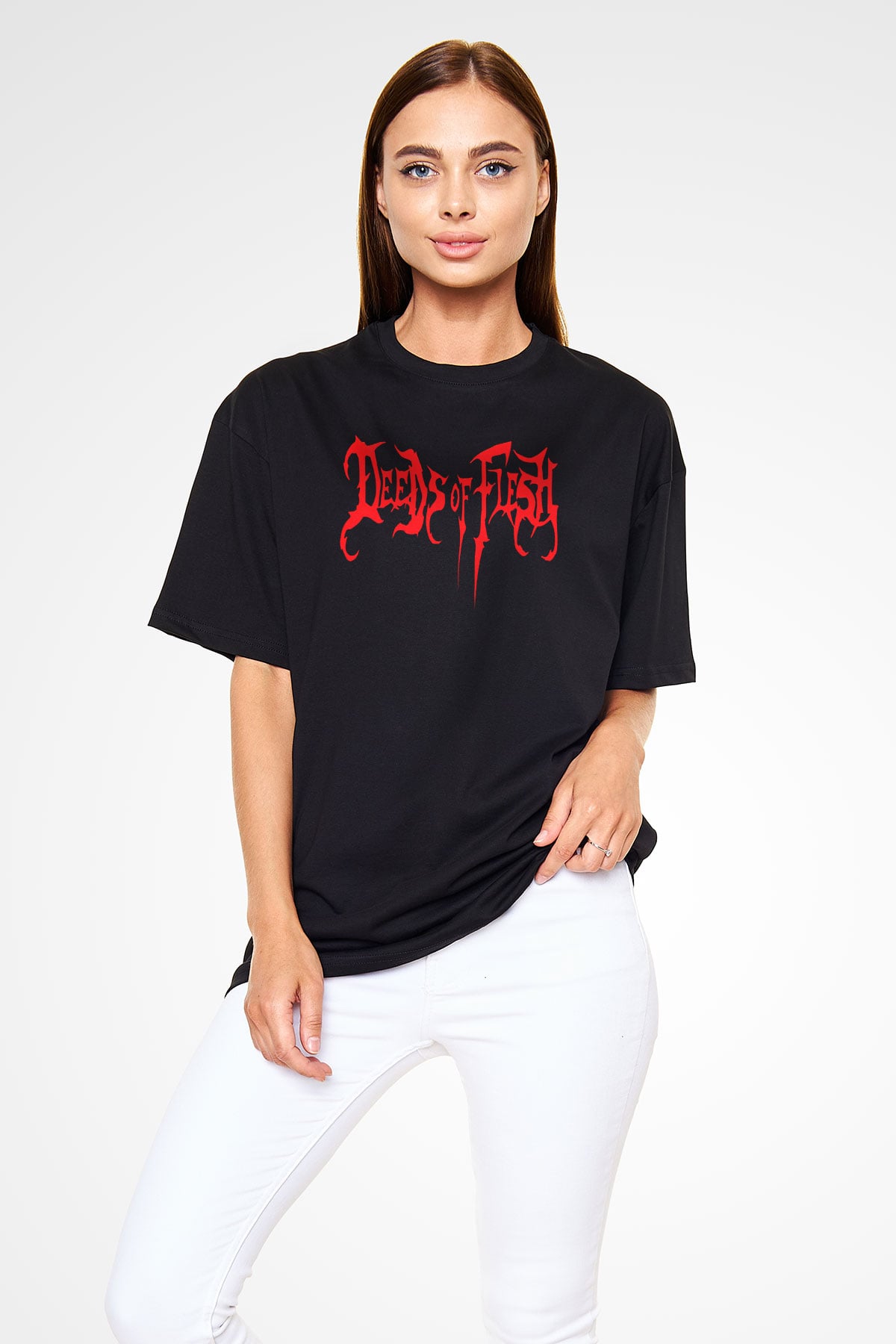 Deeds of Flesh Baskılı Unisex Siyah Oversize Tişört - Tshirt