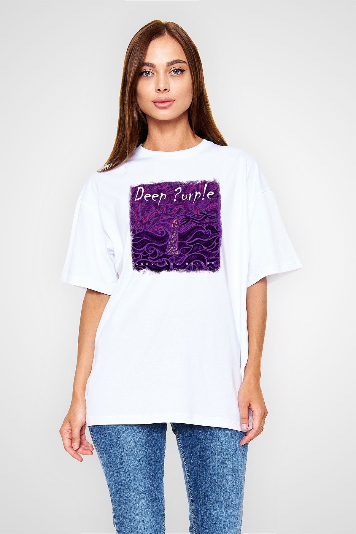 Deep Purple Baskılı Unisex Beyaz Oversize Tişört