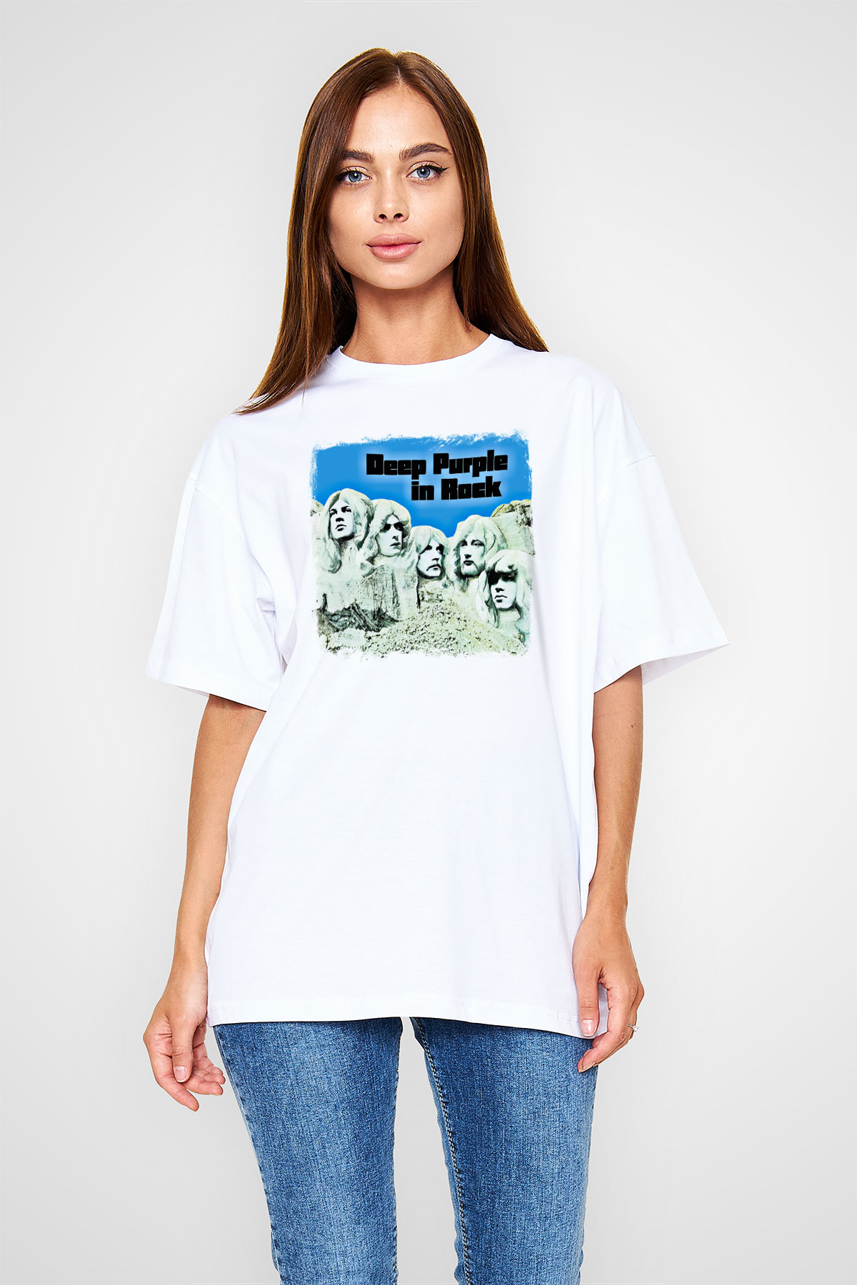 Deep Purple Baskılı Unisex Beyaz Oversize Tişört