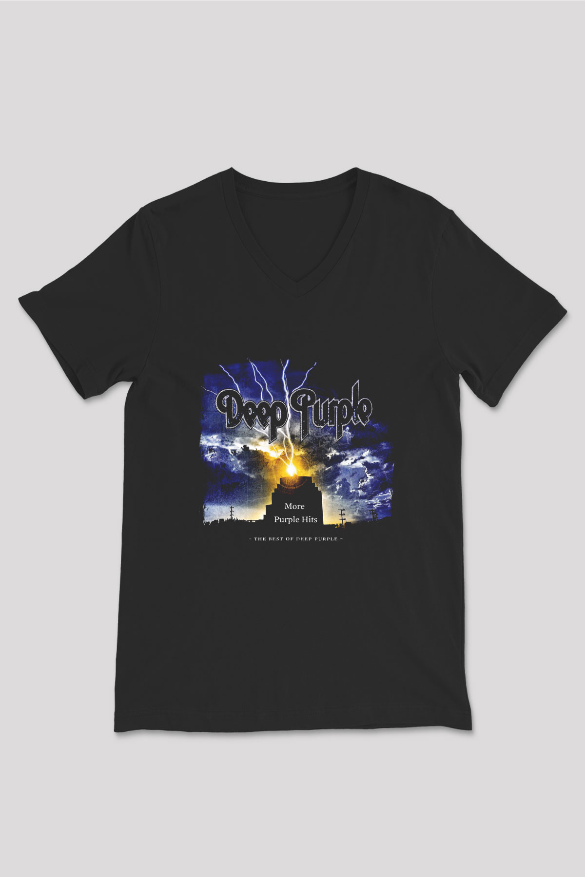 Deep Purple Baskılı Unisex Siyah V Yaka Tişört