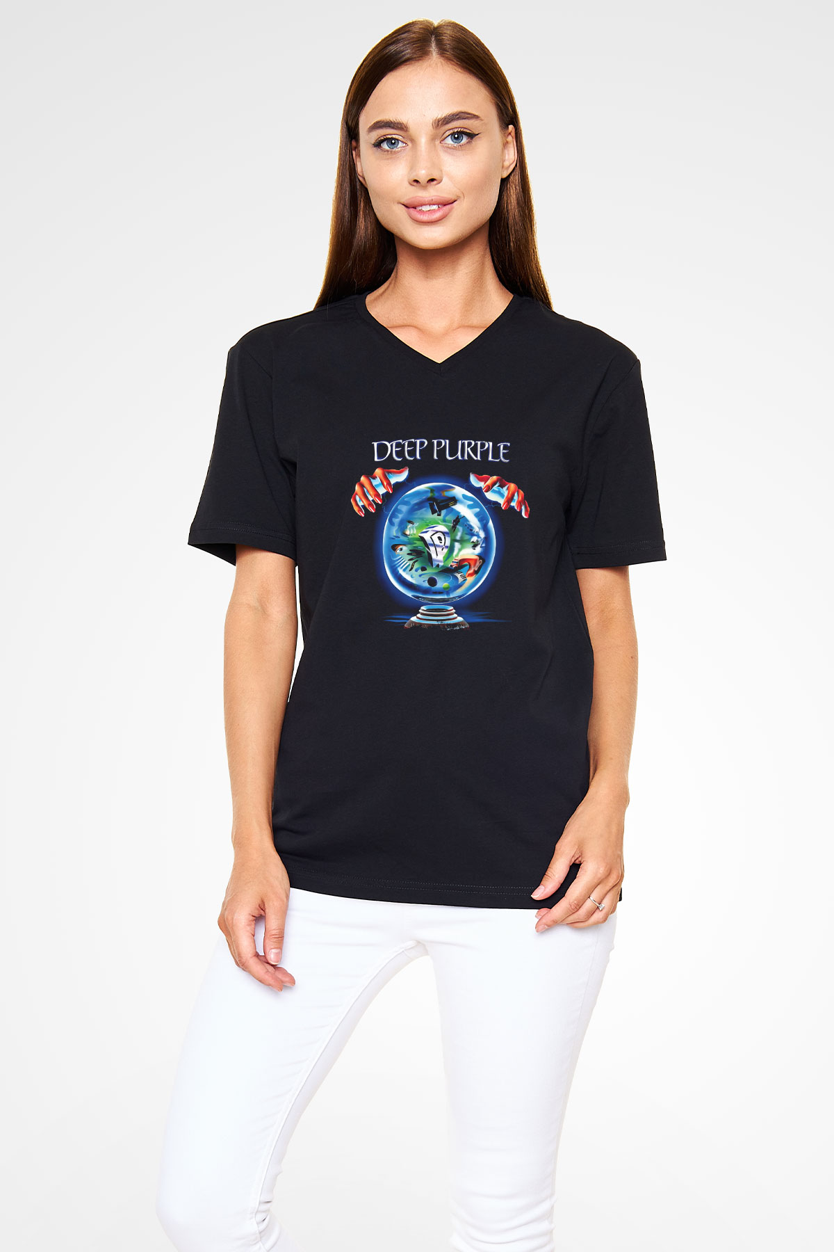 Deep Purple Baskılı Unisex Siyah V Yaka Tişört
