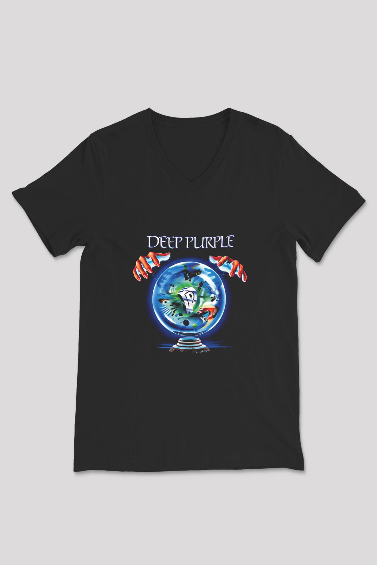 Deep Purple Baskılı Unisex Siyah V Yaka Tişört