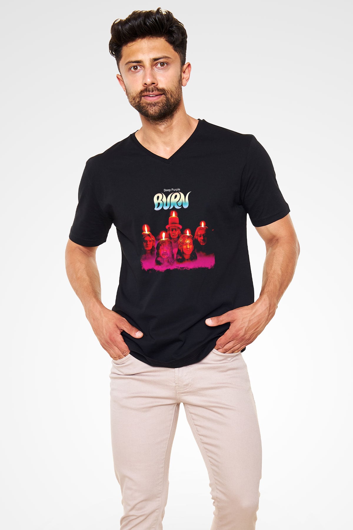 Deep Purple Baskılı Unisex Siyah V Yaka Tişört