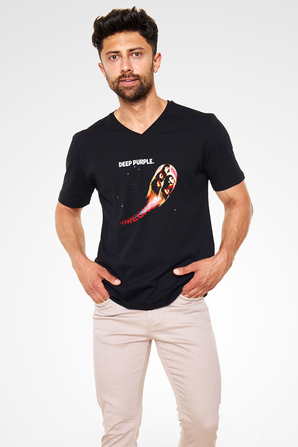 Deep Purple Baskılı Unisex Siyah V Yaka Tişört