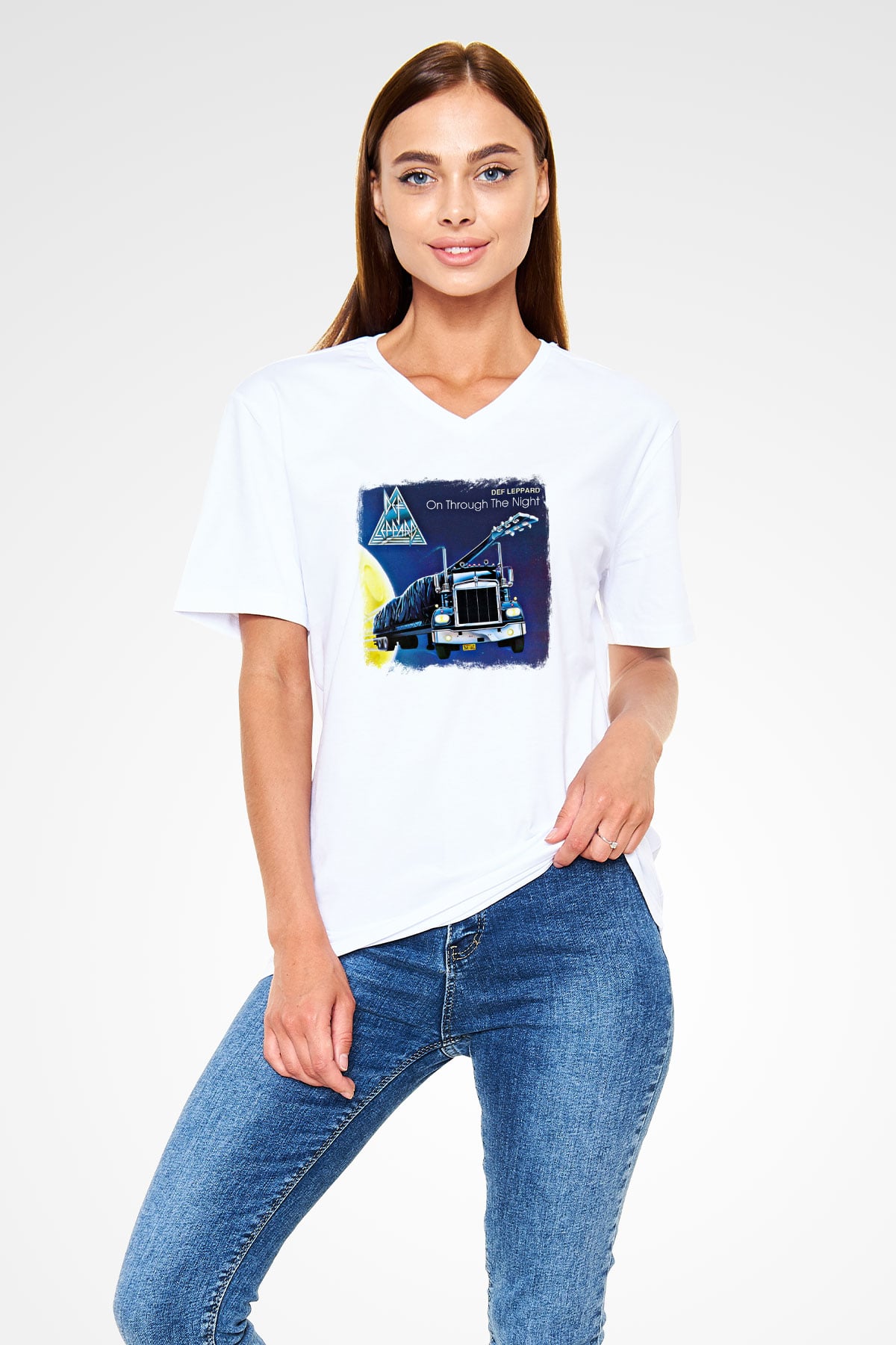 Def Leppard Baskılı Unisex Beyaz V Yaka Tişört