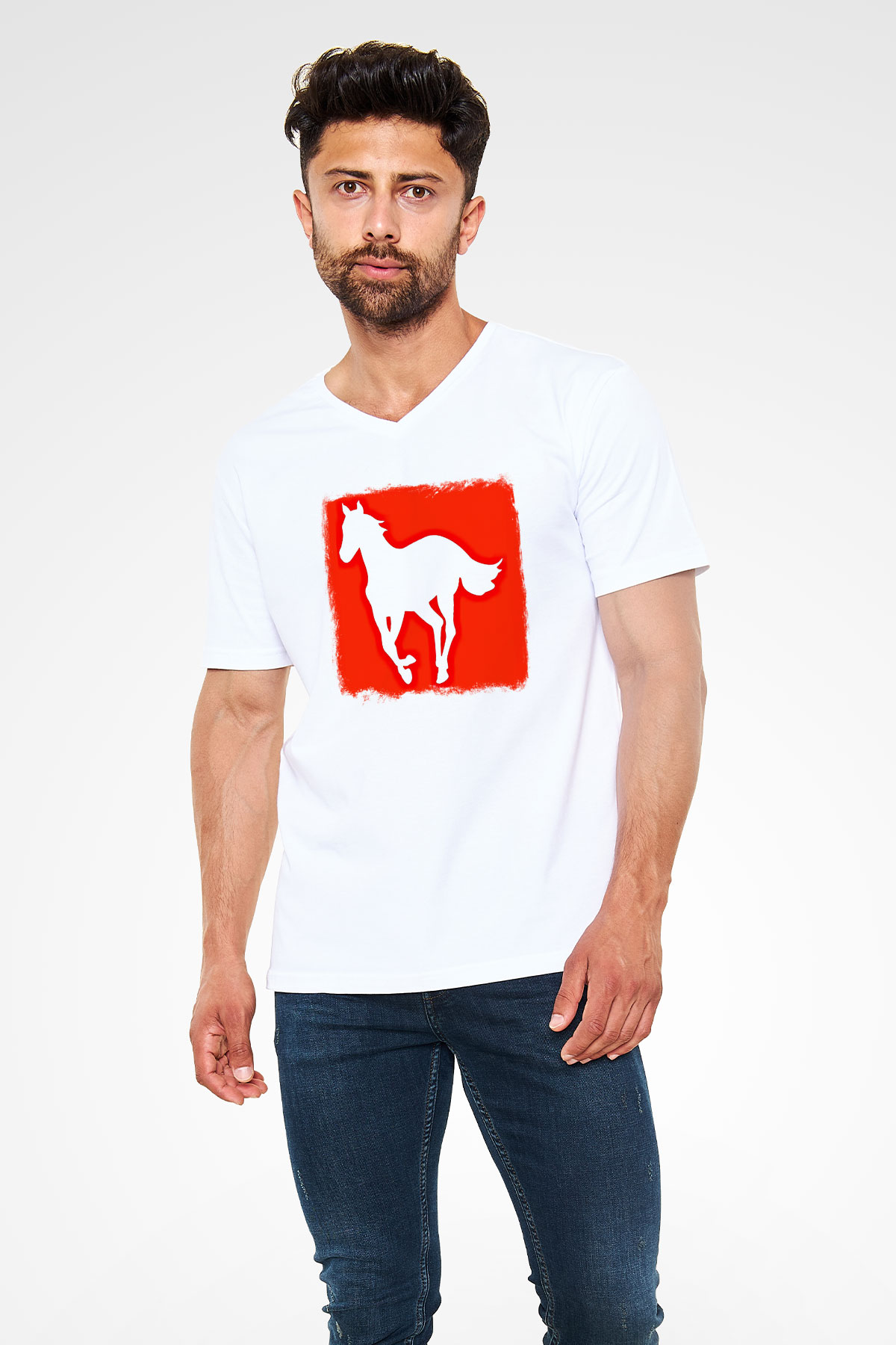 Deftones Baskılı Unisex Beyaz V Yaka Tişört