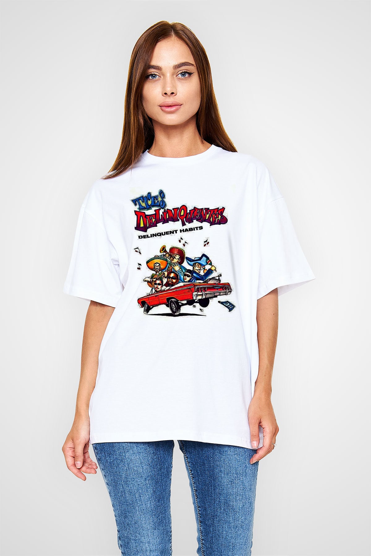 Delinquent Habits Baskılı Beyaz Unisex Oversize Tişört - Tshirt