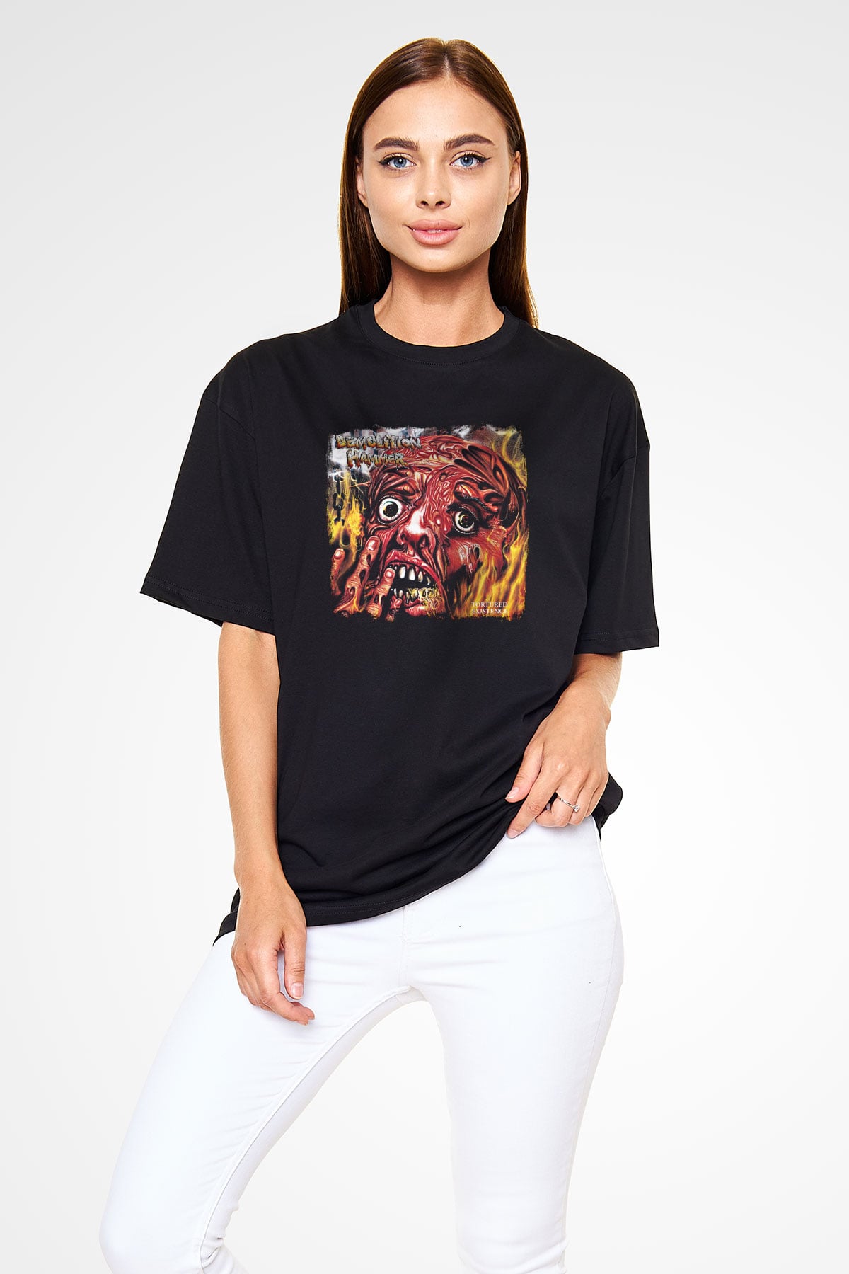 Demolition Hammer Baskılı Unisex Siyah Oversize Tişört