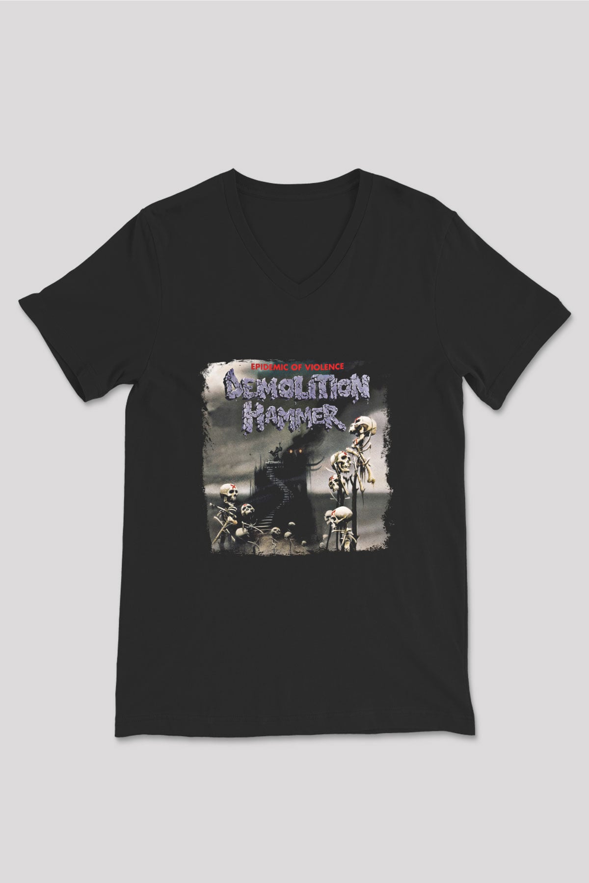 Demolition Hammer Baskılı Unisex Siyah V Yaka Tişört