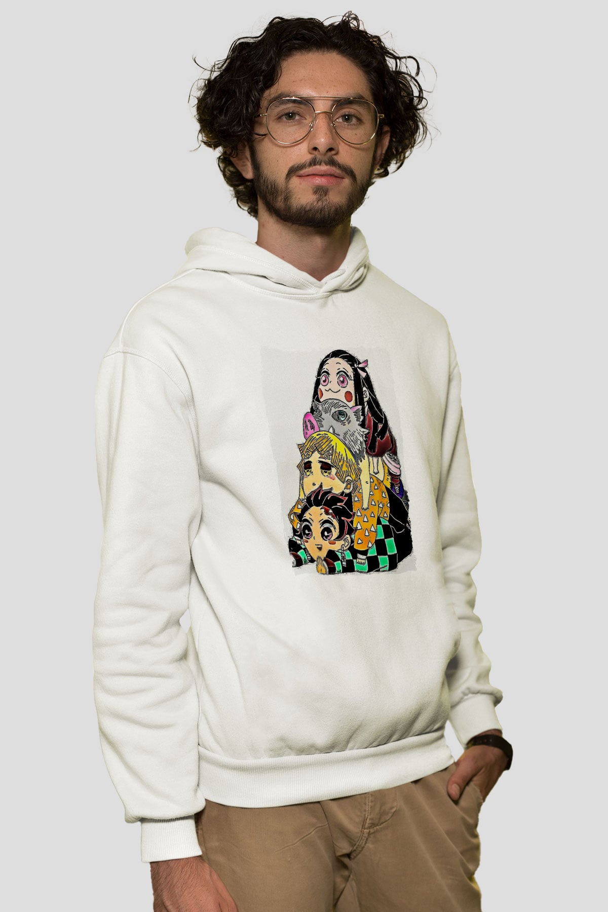 Demon Slayer Baskılı Beyaz Unisex Hoodie