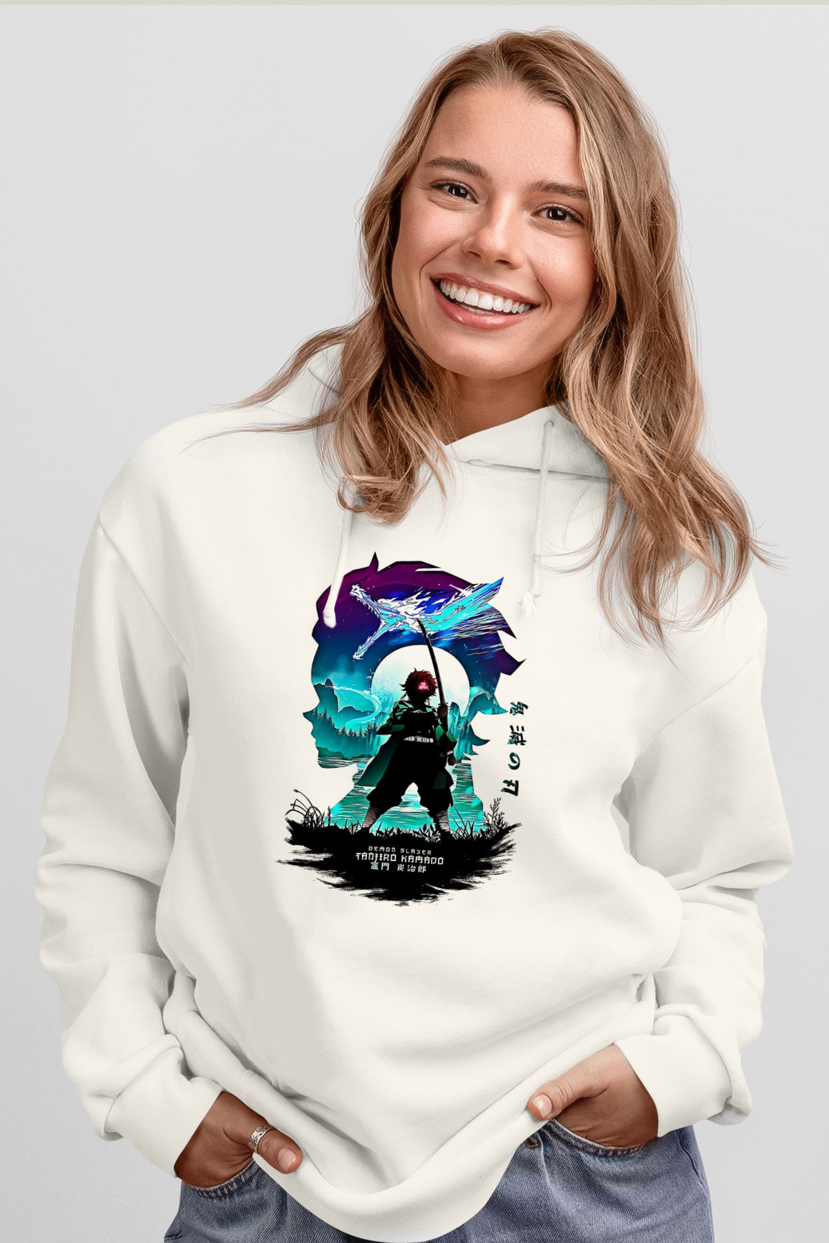 Demon Slayer Baskılı Beyaz Unisex Hoodie