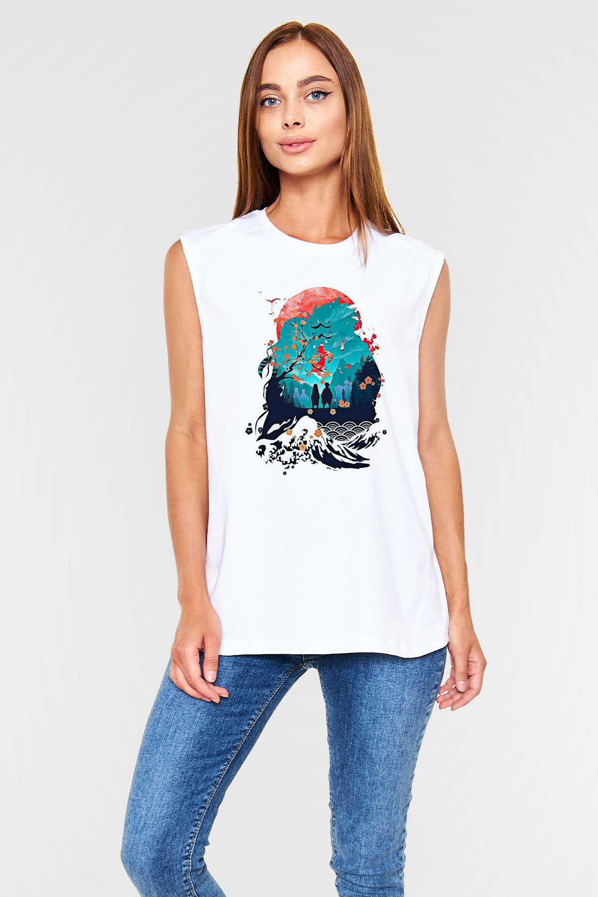 Demon Slayer Baskılı Beyaz Unisex Kolsuz Tişört - Tshirt