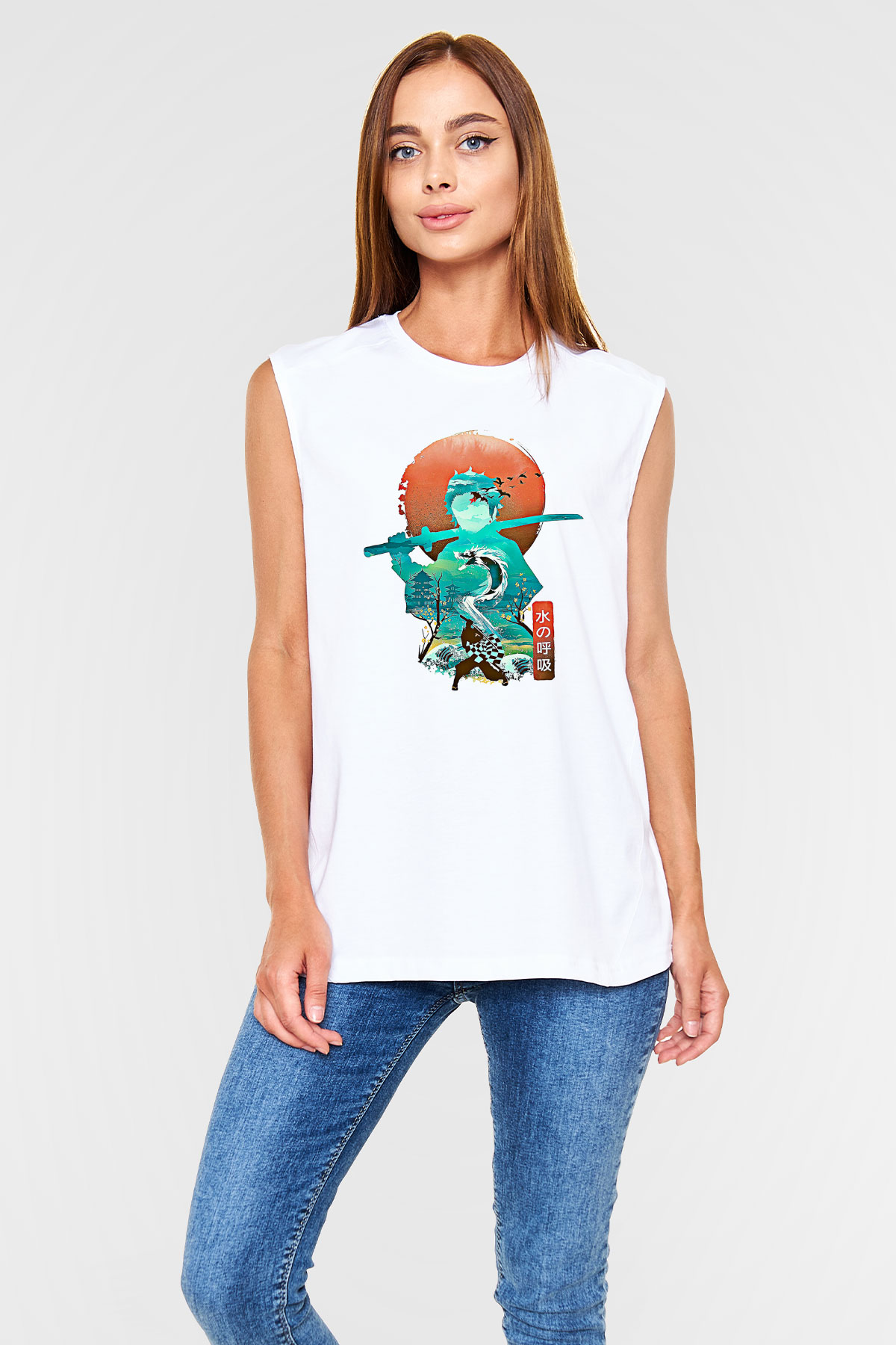 Demon Slayer Baskılı Beyaz Unisex Kolsuz Tişört - Tshirt