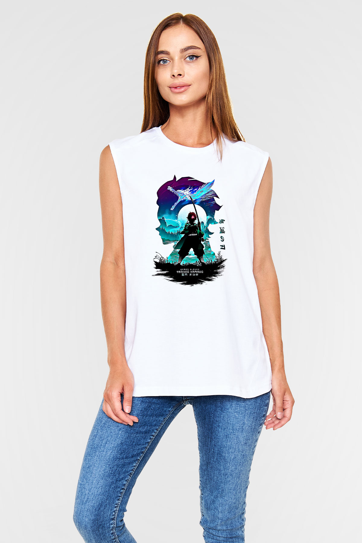 Demon Slayer Baskılı Beyaz Unisex Kolsuz Tişört - Tshirt