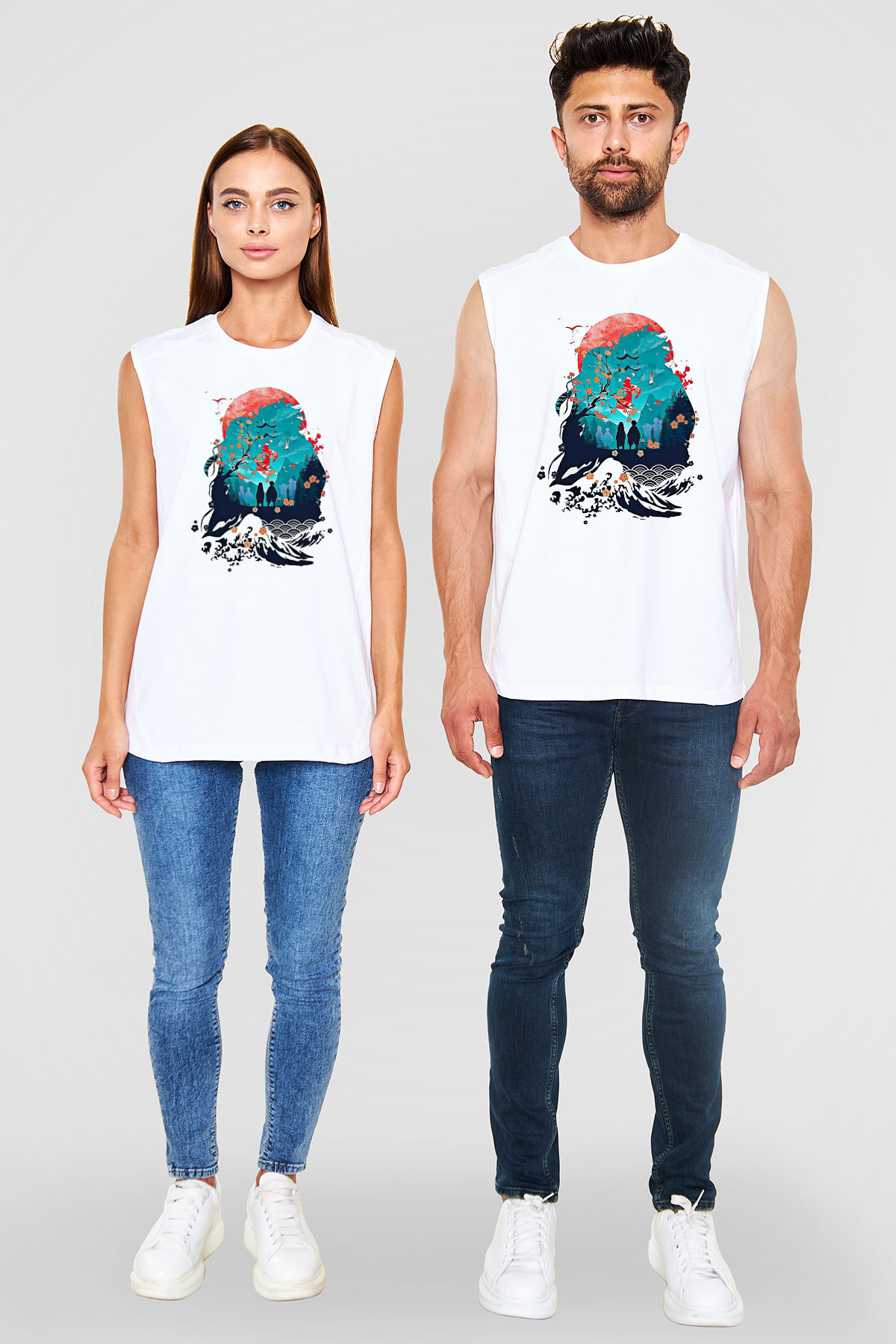 Demon Slayer Baskılı Beyaz Unisex Kolsuz Tişört - Tshirt