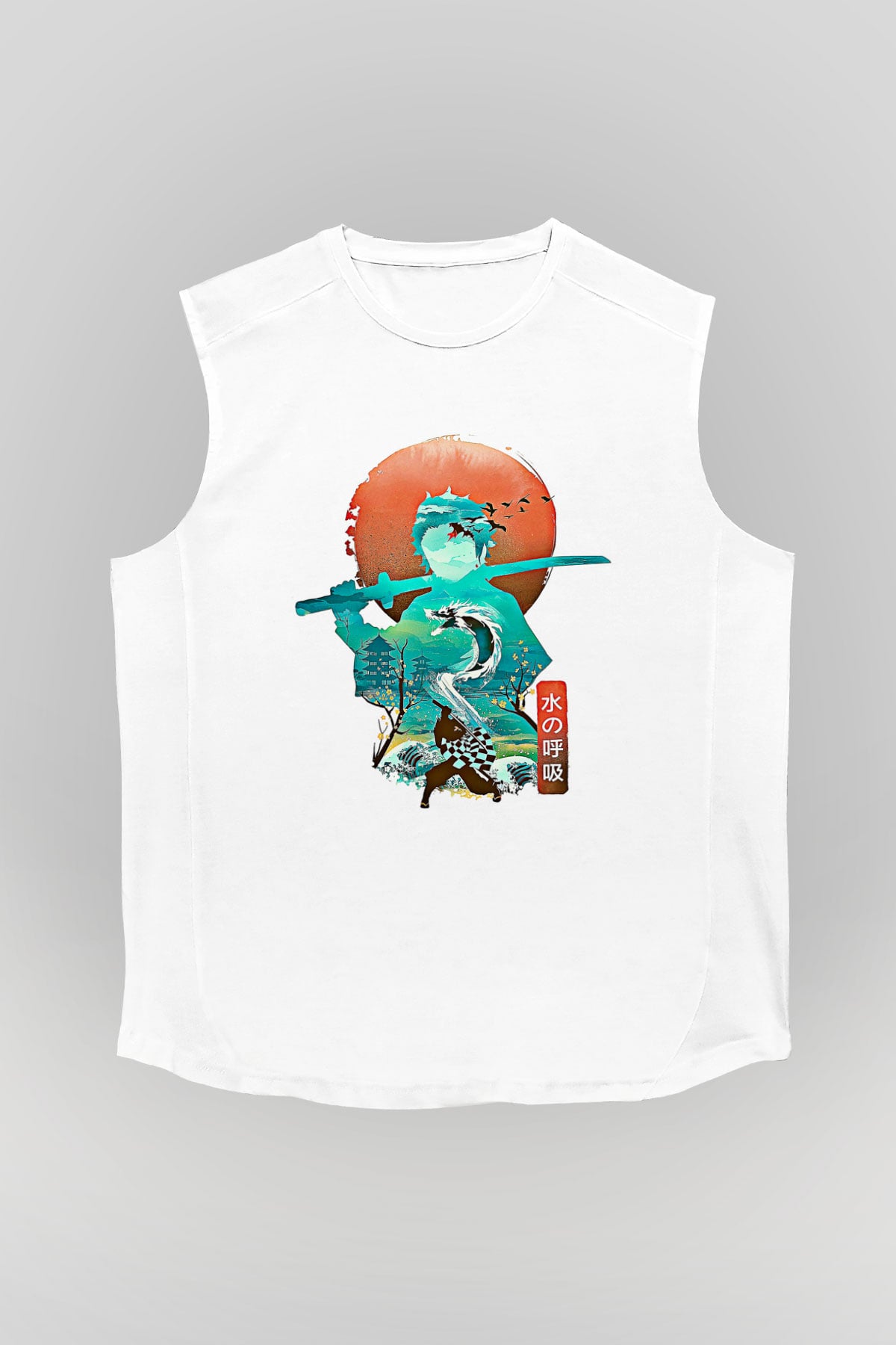 Demon Slayer Baskılı Beyaz Unisex Kolsuz Tişört - Tshirt