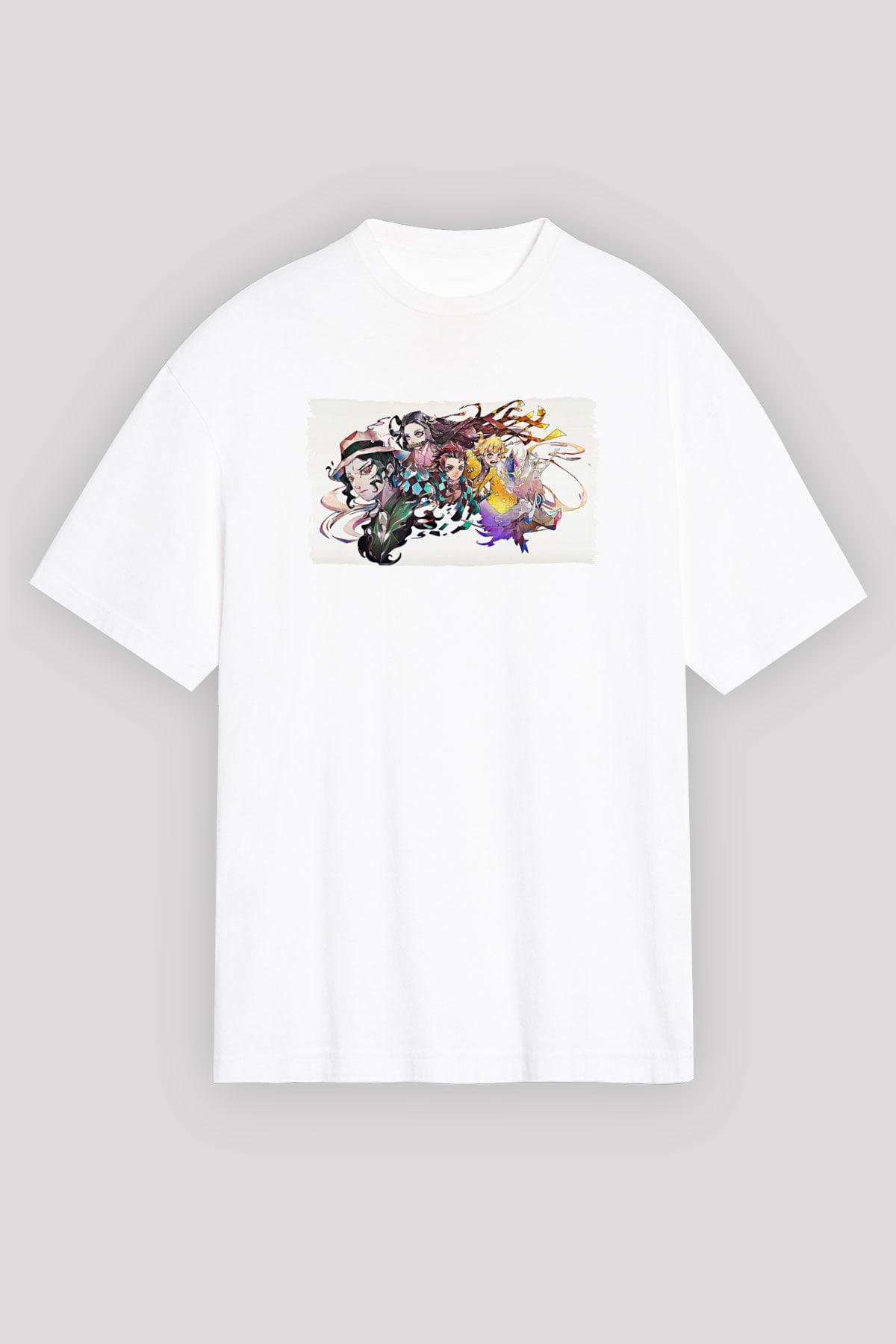 Demon Slayer Baskılı Beyaz Unisex Oversize Tişört - Tshirt