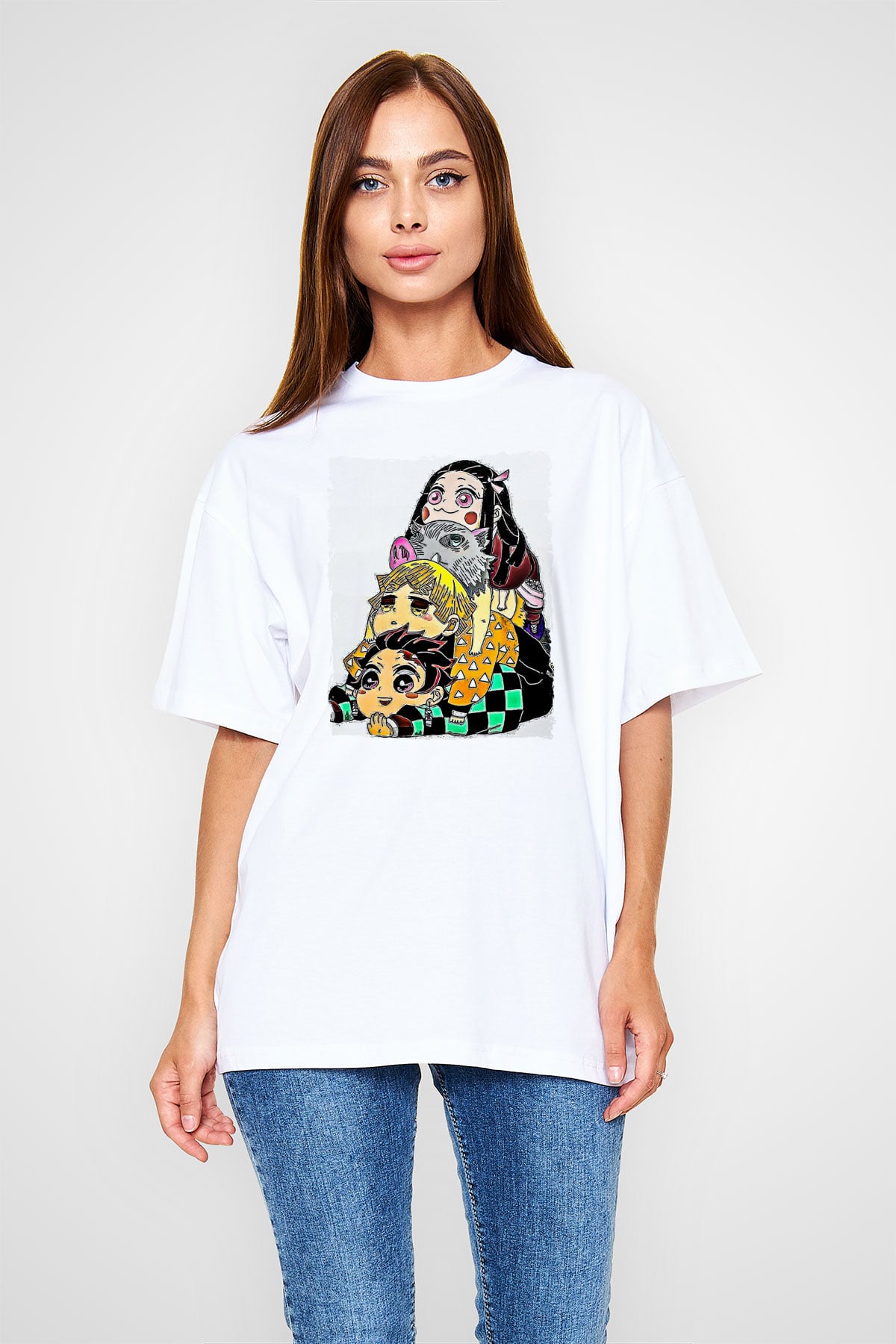 Demon Slayer Baskılı Beyaz Unisex Oversize Tişört - Tshirt