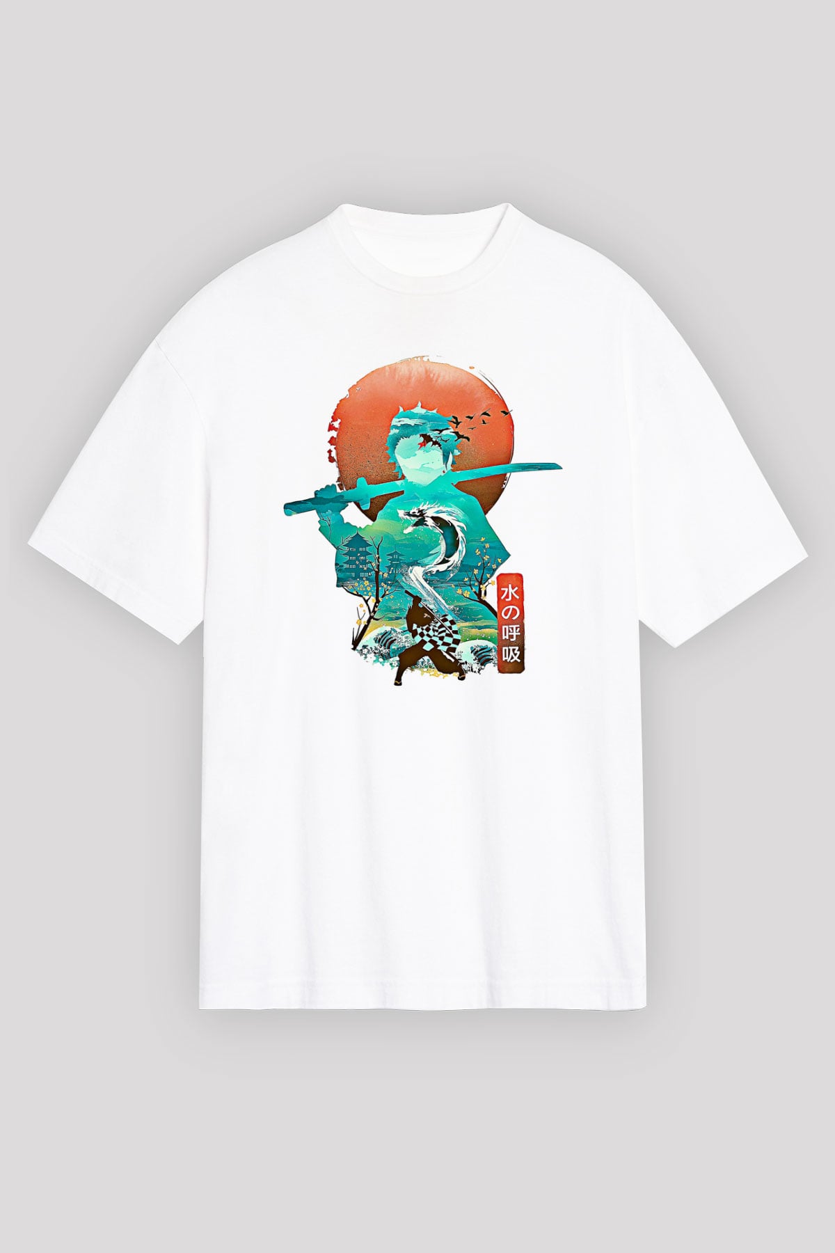 Demon Slayer Baskılı Beyaz Unisex Oversize Tişört - Tshirt