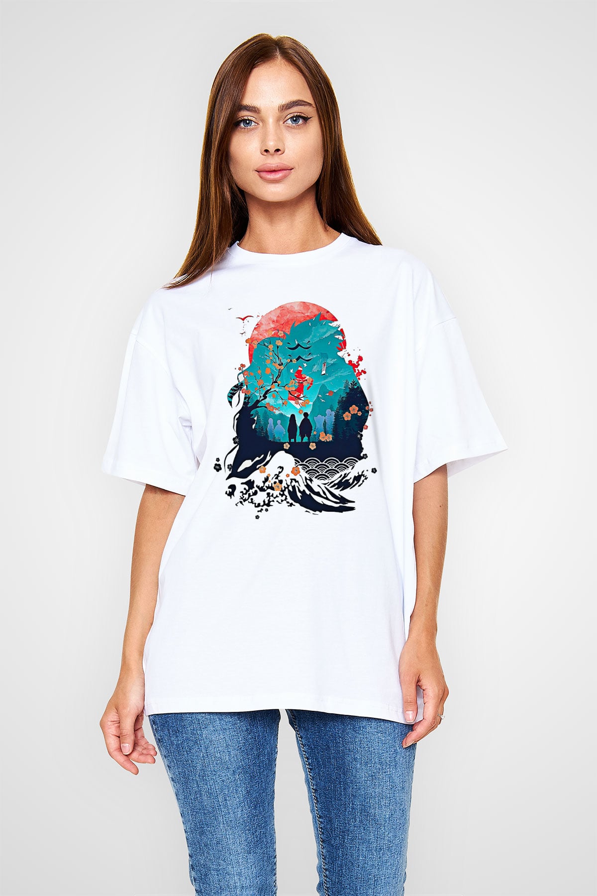 Demon Slayer Baskılı Beyaz Unisex Oversize Tişört - Tshirt