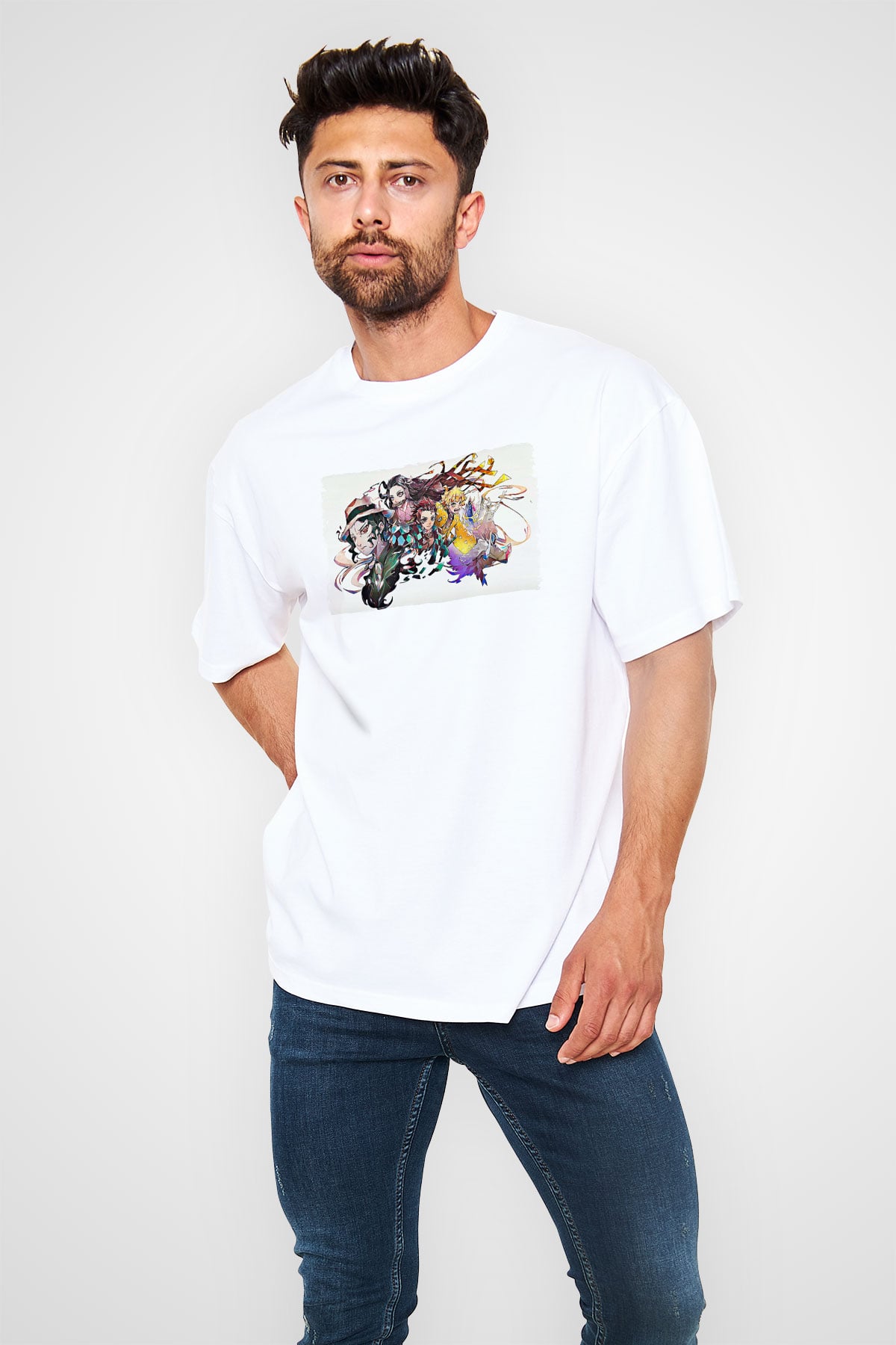 Demon Slayer Baskılı Beyaz Unisex Oversize Tişört - Tshirt