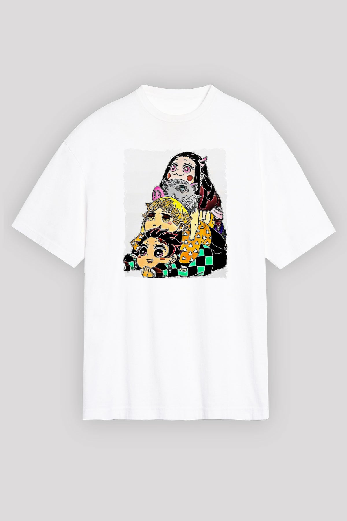 Demon Slayer Baskılı Beyaz Unisex Oversize Tişört - Tshirt