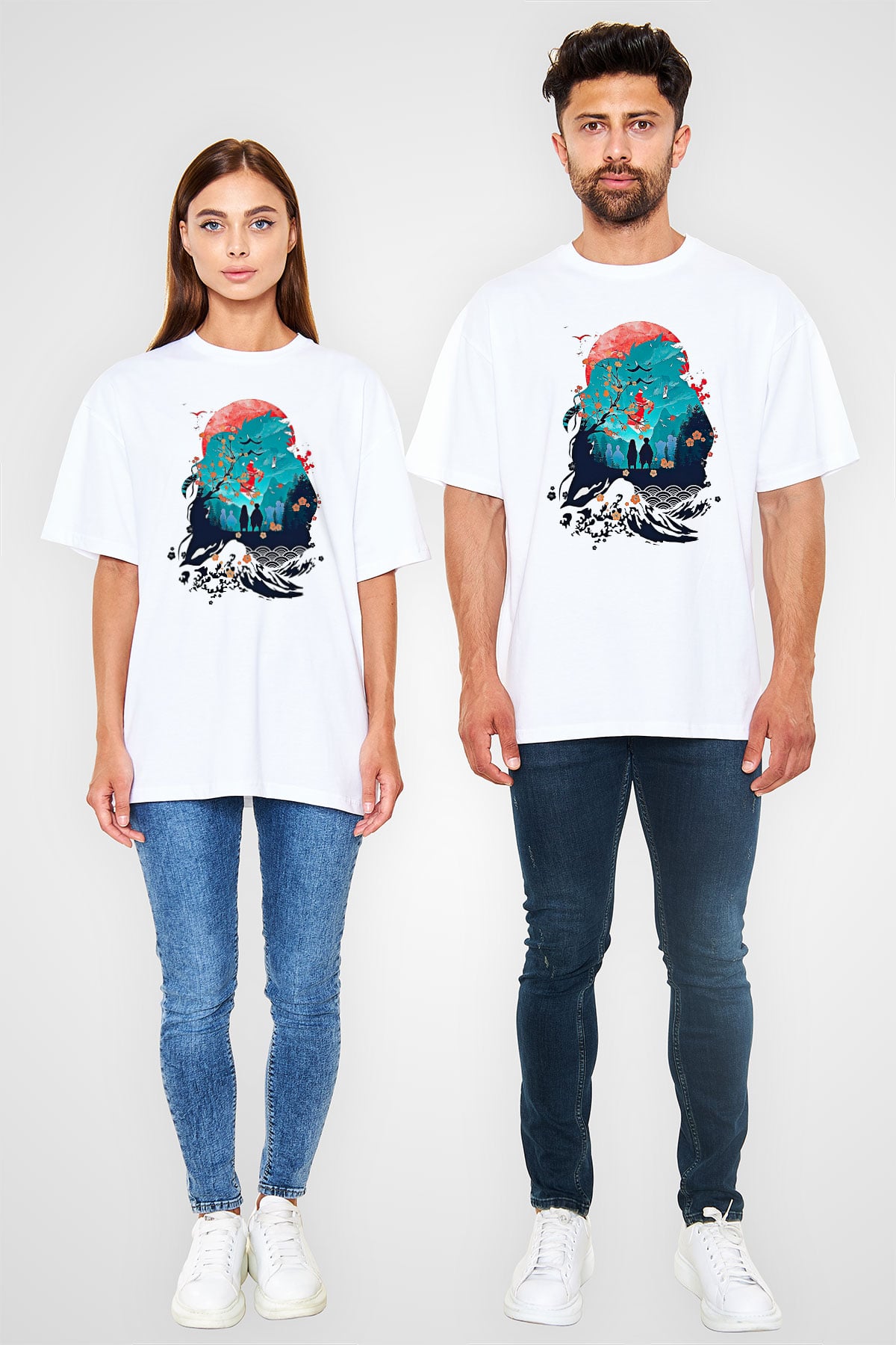 Demon Slayer Baskılı Beyaz Unisex Oversize Tişört - Tshirt